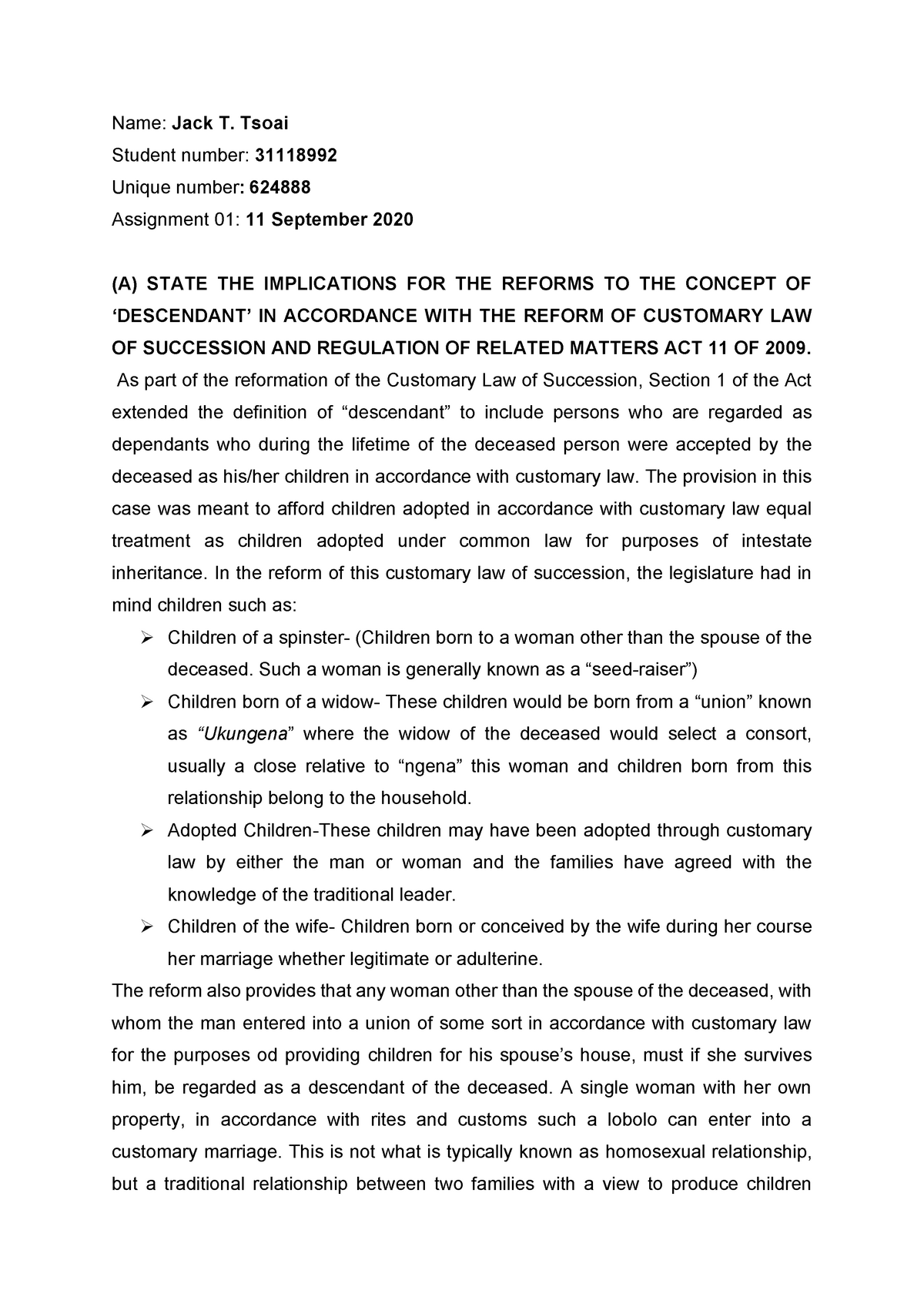 IND2601 Assignment 1 - African Customary Law: STATING THE IMPLICATIONS ...