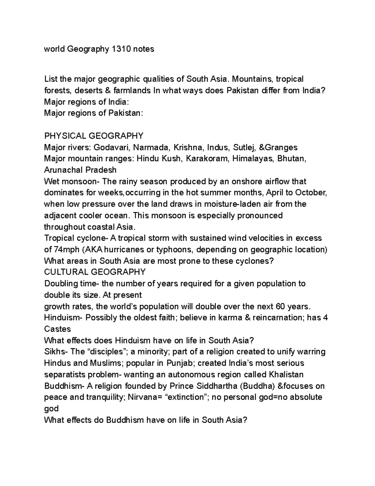 World Geography 1310 notes - world Geography 1310 notes List the major ...
