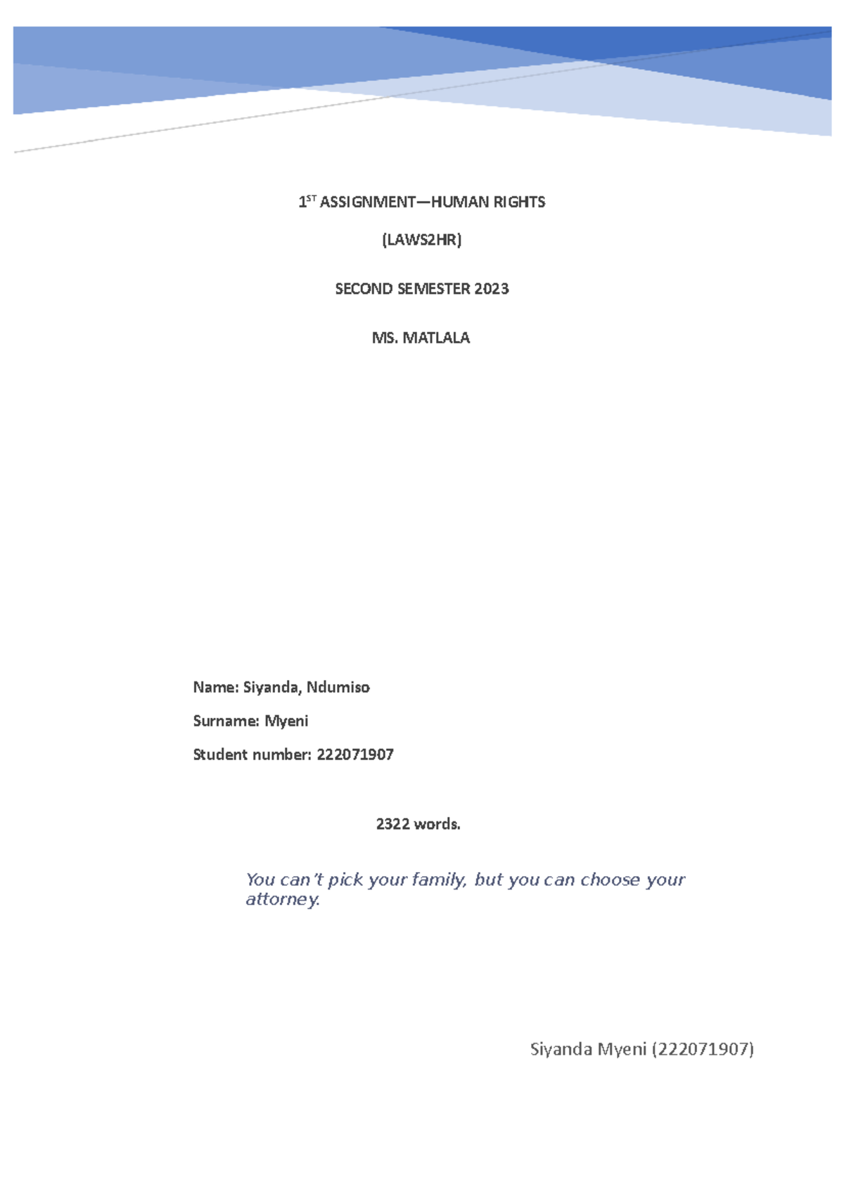 Human rights assignment - UNIVERSITY OF KWAZULU-NATAL – HOWARD COLLEGE ...