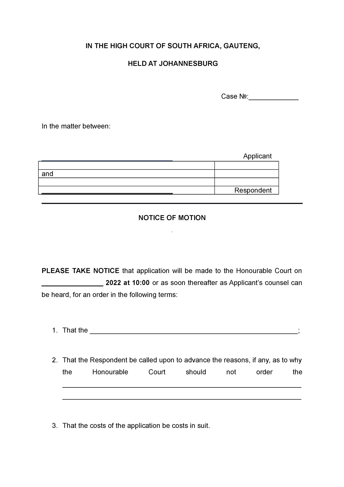 Notice Of Motion IN THE HIGH COURT OF SOUTH AFRICA GAUTENG HELD AT   Thumb 1200 1698 