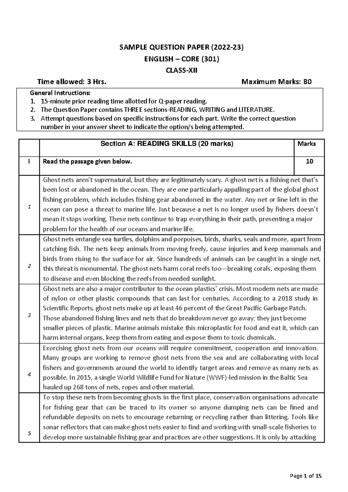 English Core-SQP - General Instructions: 1. 15-minute prior reading ...