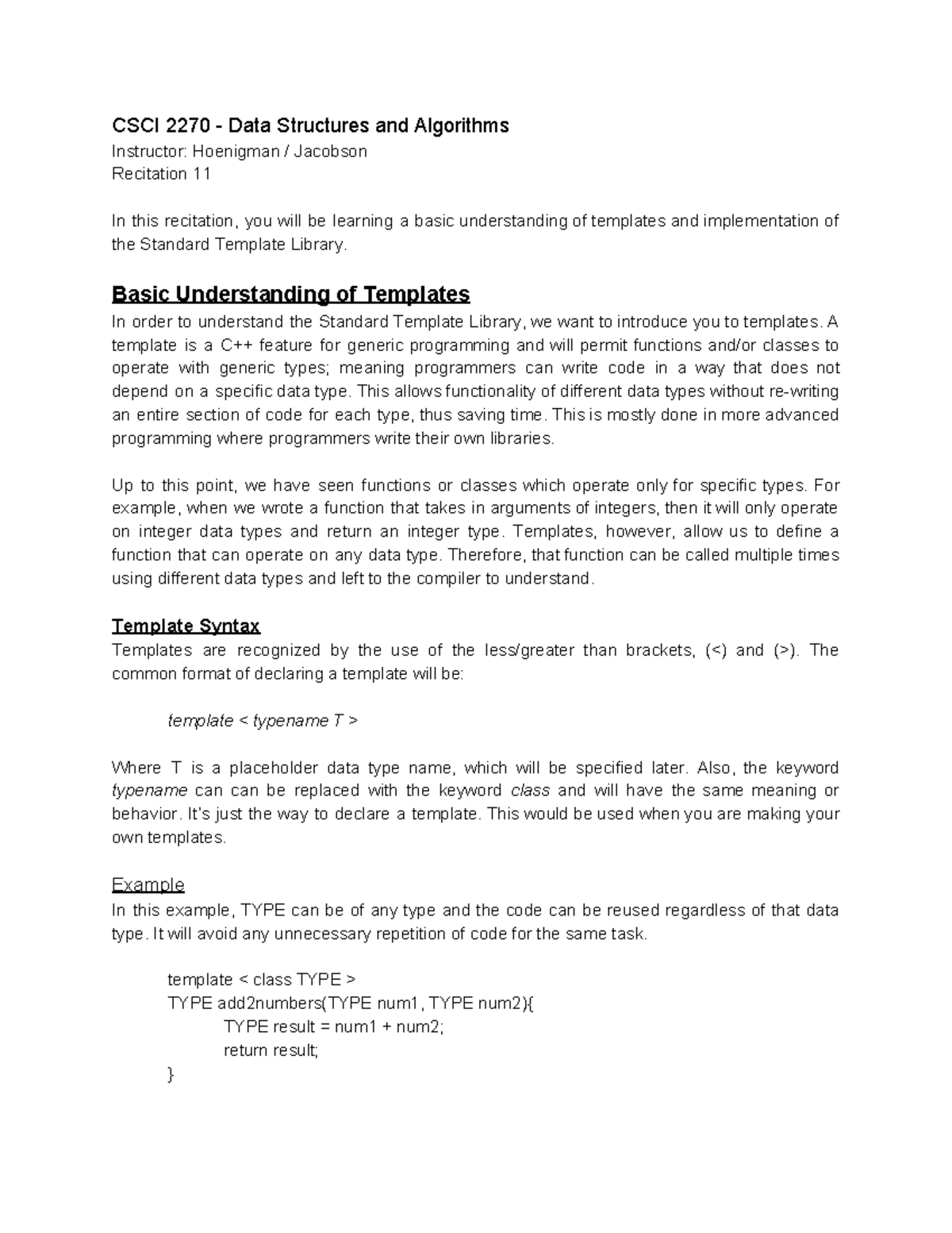 Recitation 11Writeup - Basic Understanding of Templates - CSCI 2270 ...