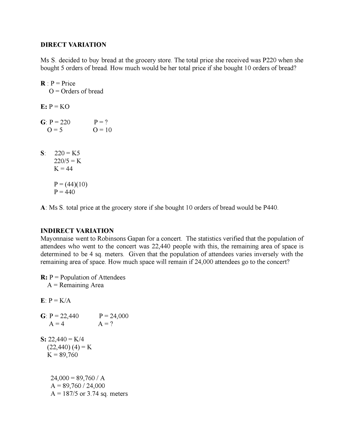 Direct variation notes - DIRECT VARIATION Ms S. decided to buy bread at ...