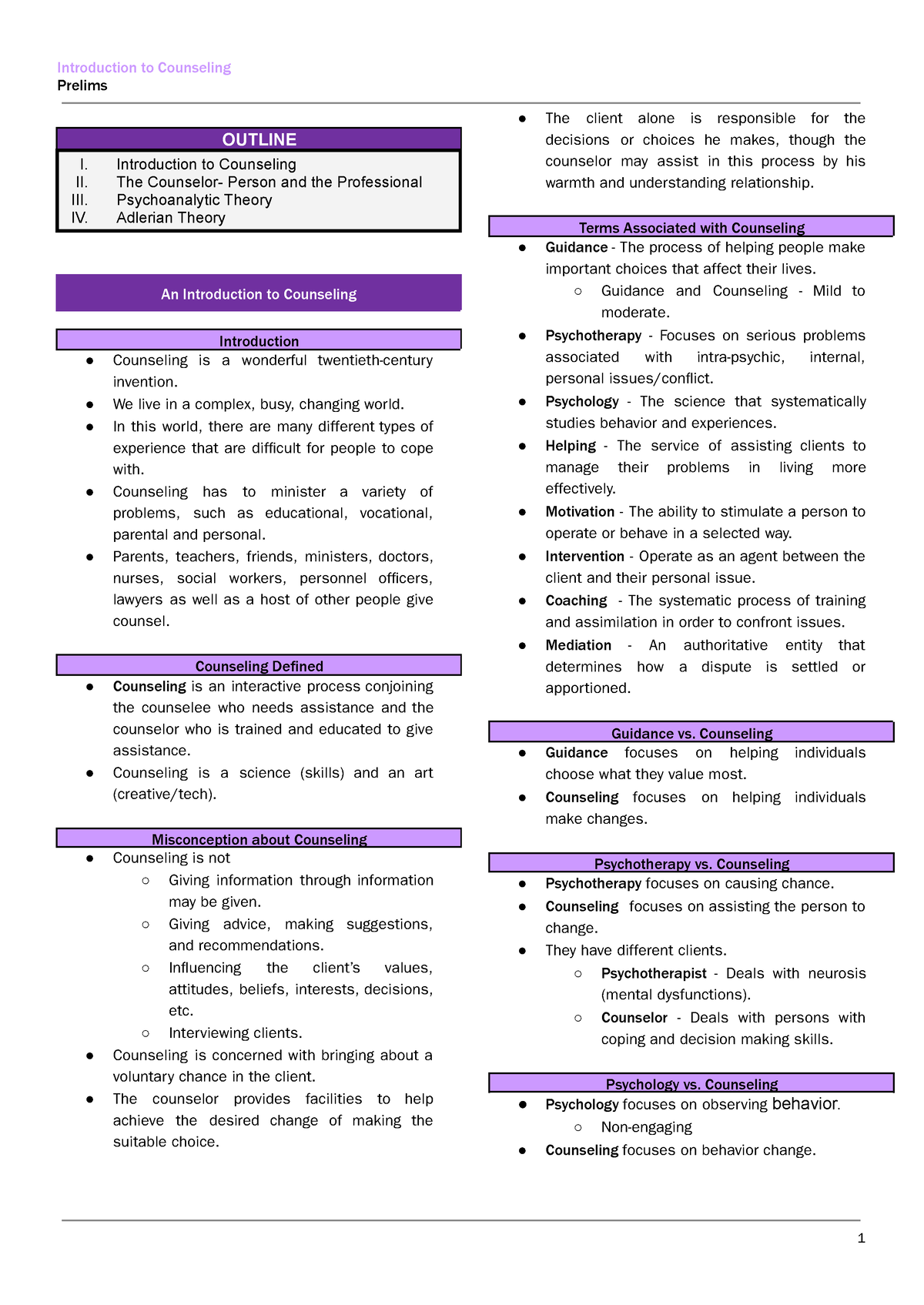 COUN311 - Reviewer - Prelims OUTLINE I. Introduction to Counseling II ...