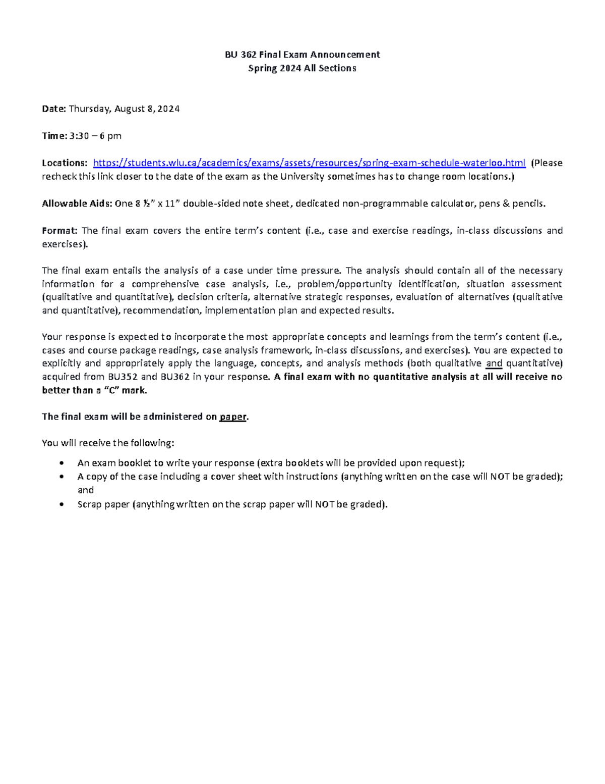 BU 362 Final Exam Announcement Spring 2024 - - Studocu