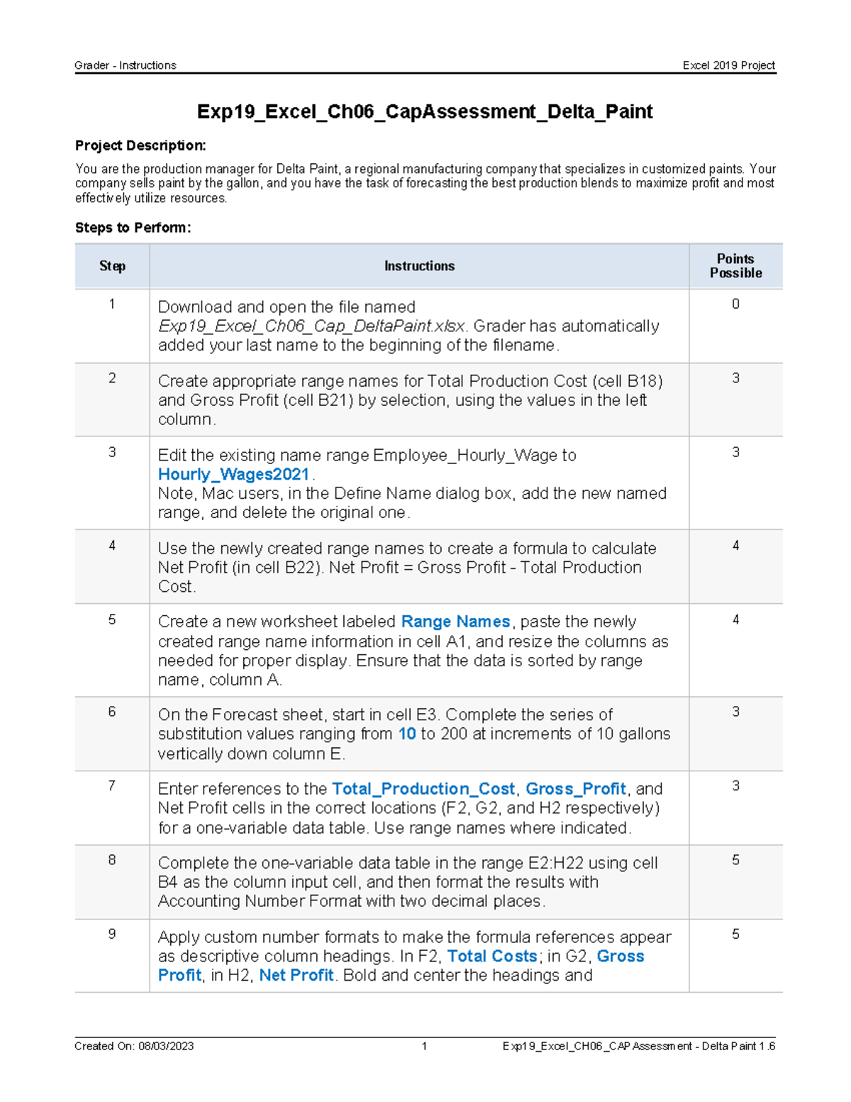 Exp19 Excel Ch06 Cap Assessment Delta Paint Instructions Grader
