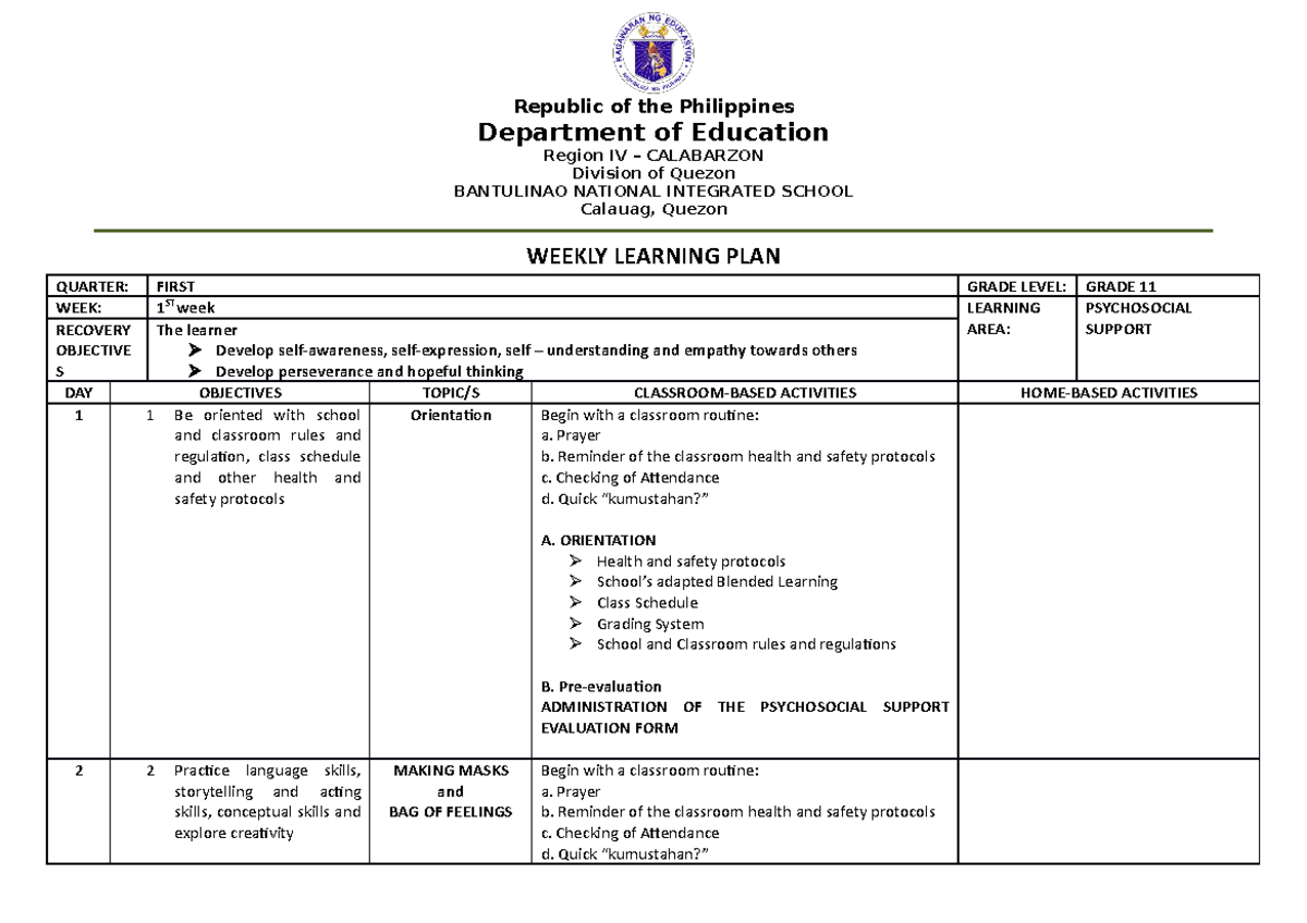 WLP for Psychosocial - Republic of the Philippines Department of ...