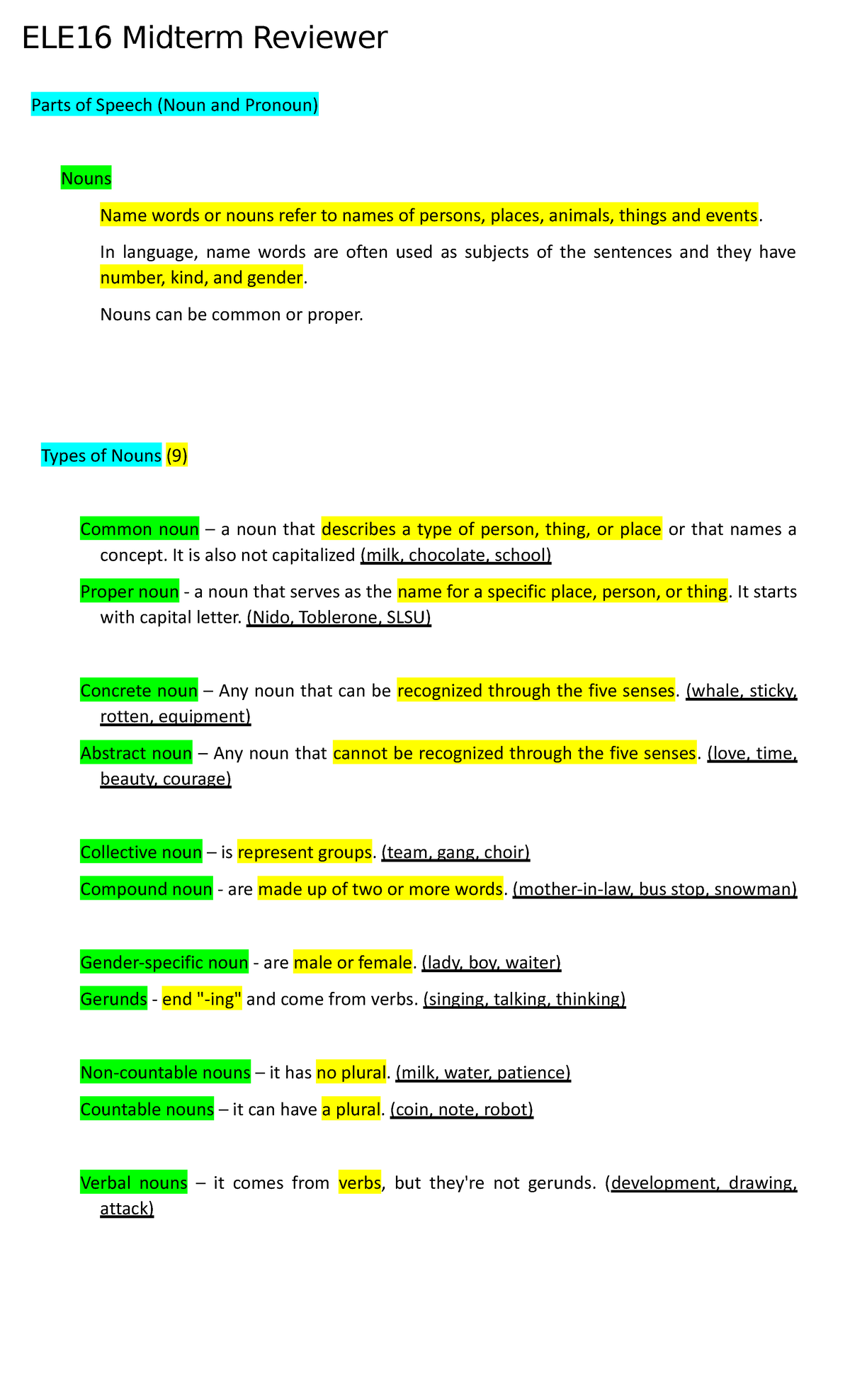 ELE16 -Midterm Reviewer - ELE16 Midterm Reviewer Parts of Speech (Noun ...