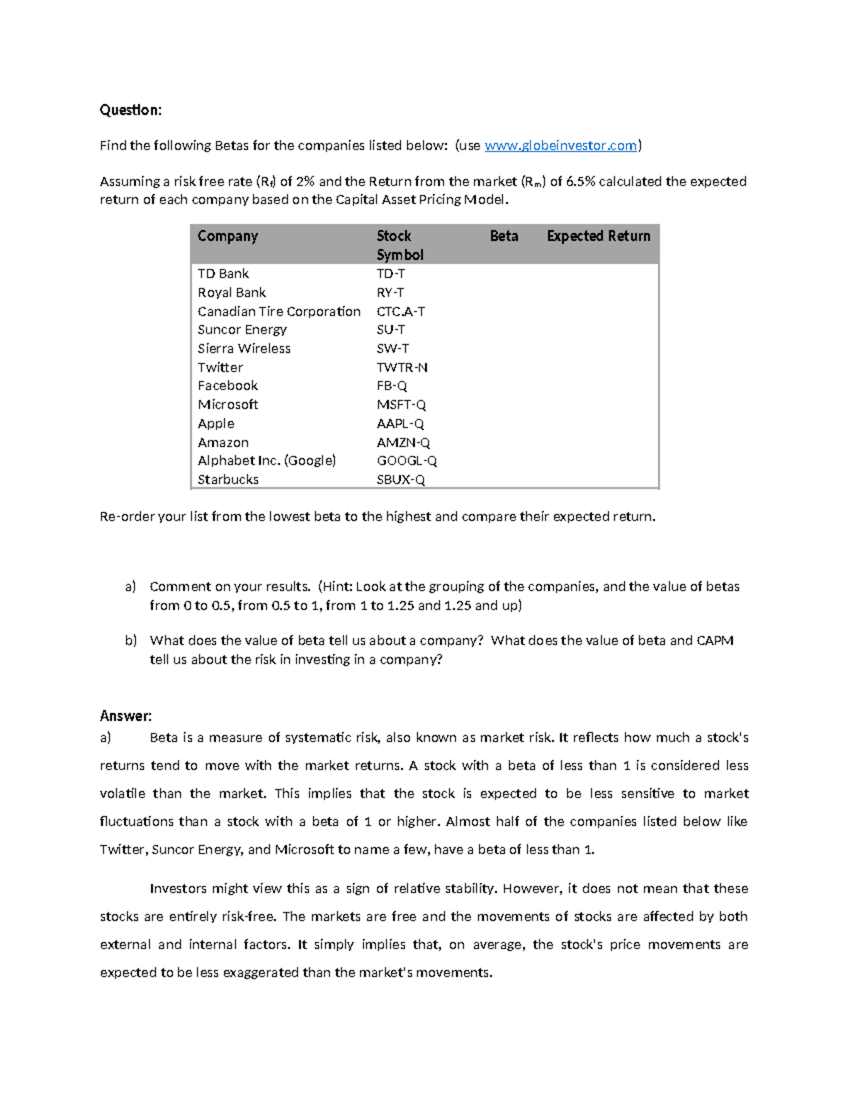 Risk Return and Cost of Capital - Question: Find the following Betas ...