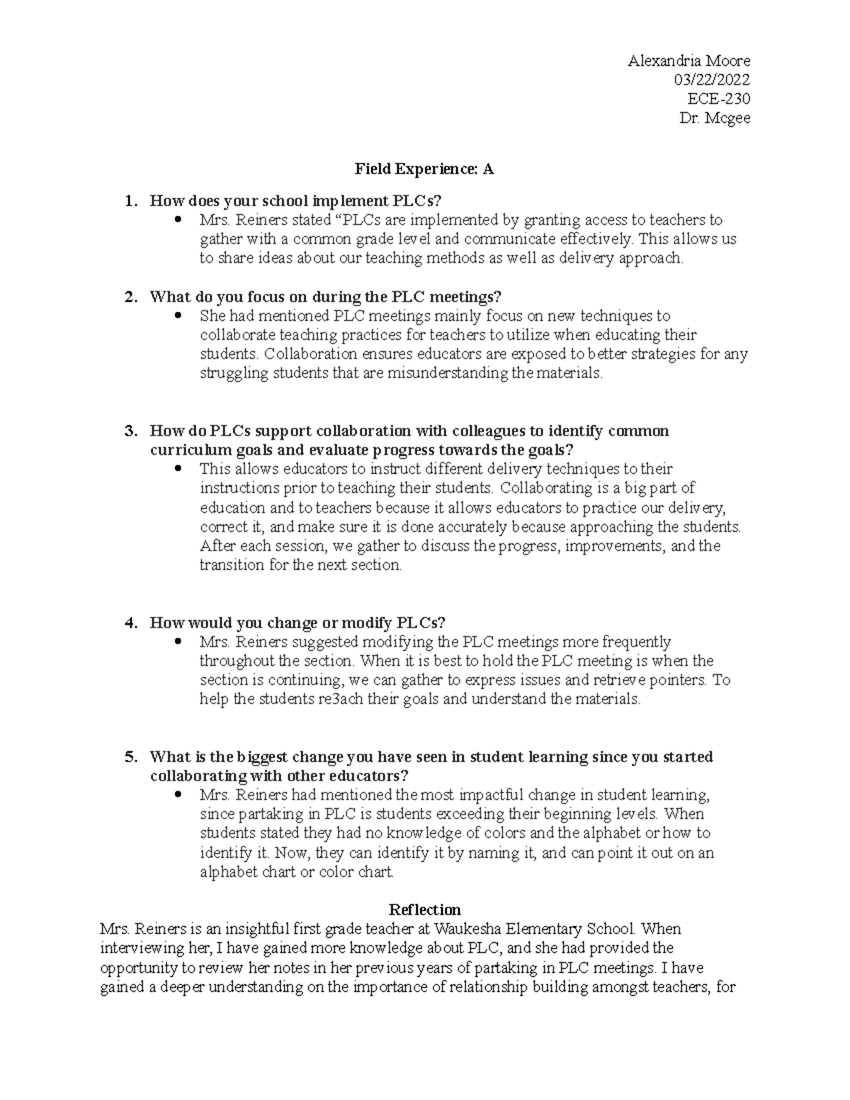 Field Experience A - Alexandria Moore Dr. Mcgee Field Experience: A 1 ...