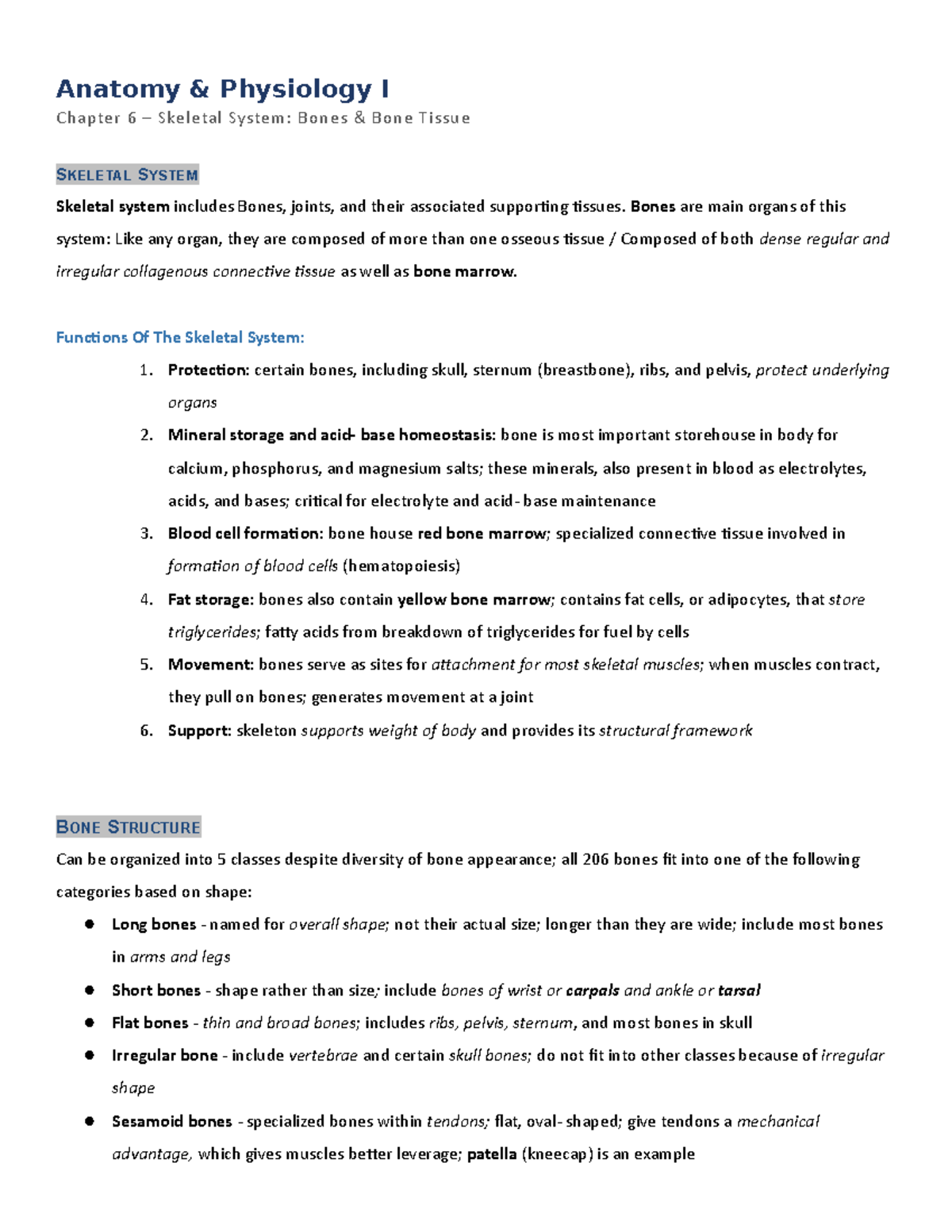 Anatomy Ch - Anatomy & Physiology I Chapter 6 – Skeletal System: Bones ...
