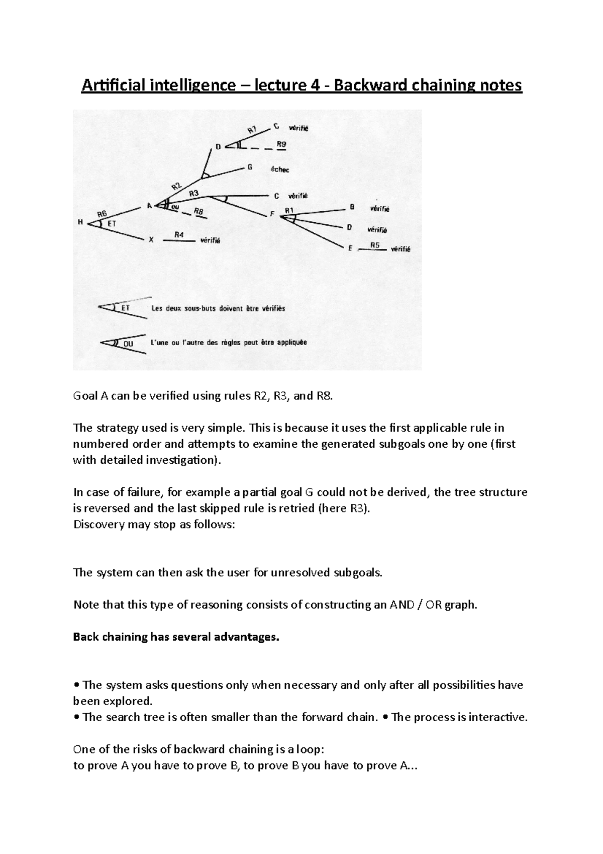 Artificial intelligence – lecture 4 - Backward chaining notes ...