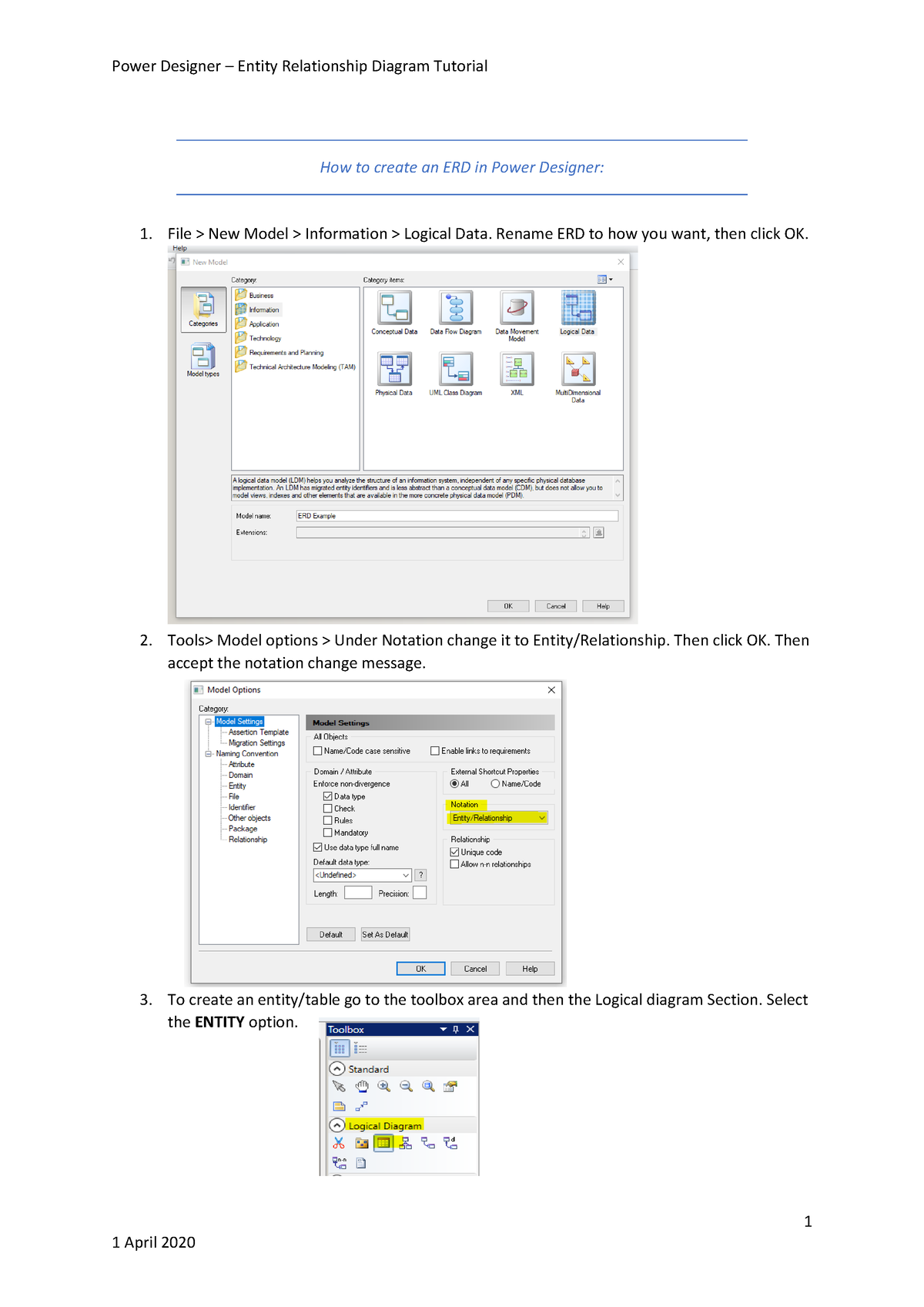 ERD Tutorial notes for Powerdesigner - 1 How to create an ERD in Power ...