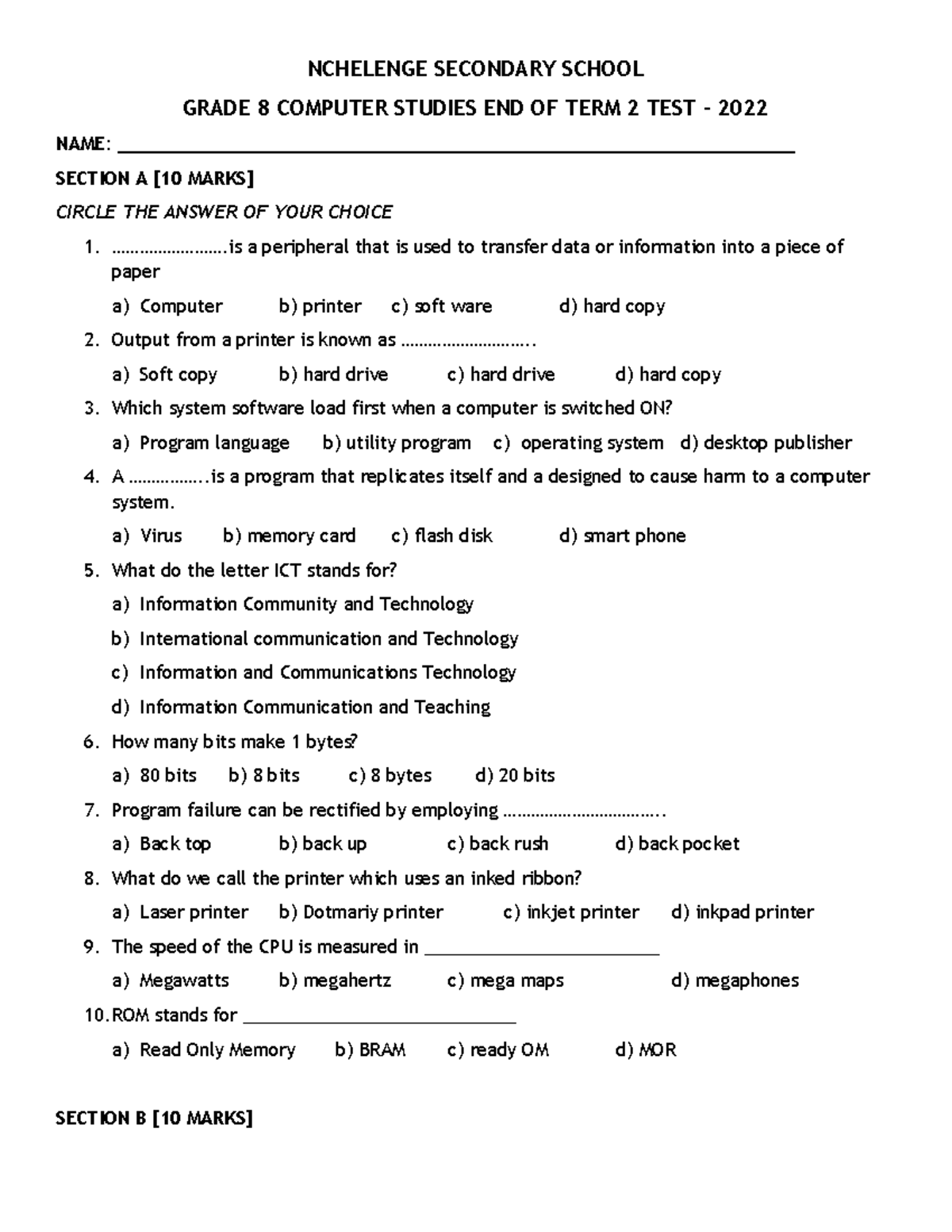 Computer G8 (TEST) FINE Bridge NCHELENGE SECONDARY SCHOOL GRADE 8