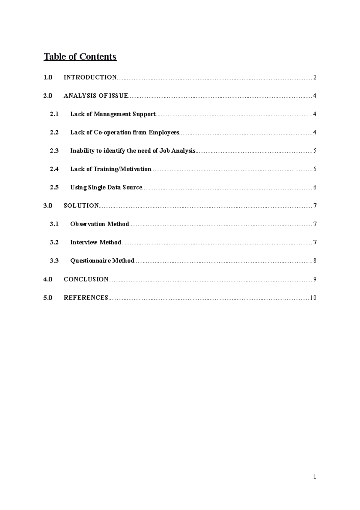 ISSUE OF JOB ANALYSIS - Table of Contents 1 - Studocu