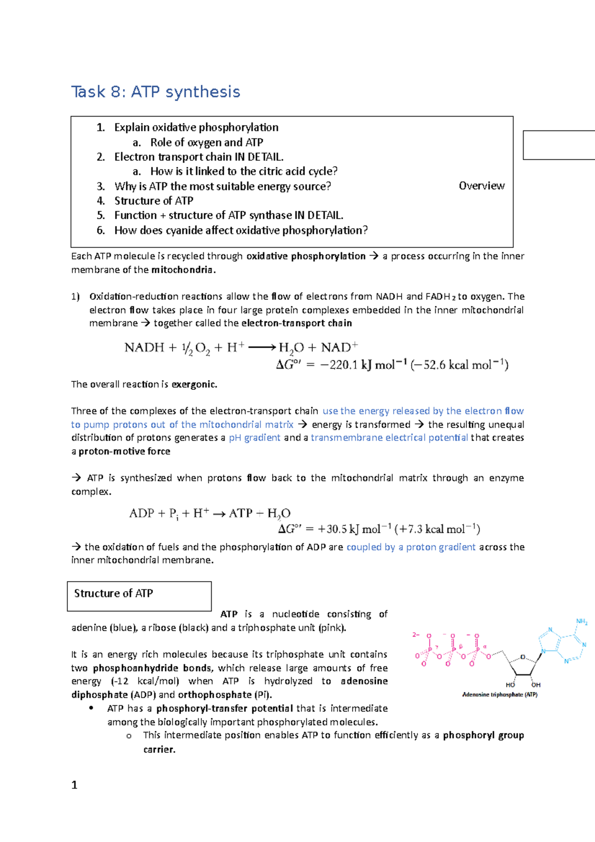 Task 8 ATP synthesis Task 8 ATP synthesis Each ATP molecule is