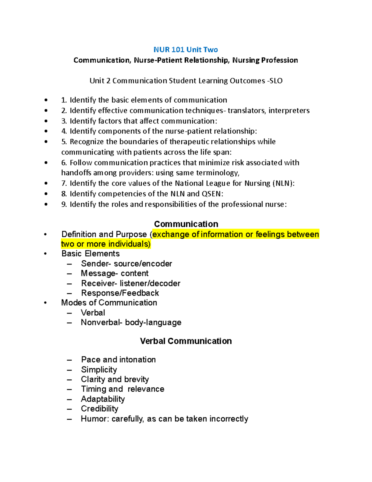 N101 U2 - Unit 2 study guide NUR 101 - NUR 101 Unit Two Communication ...