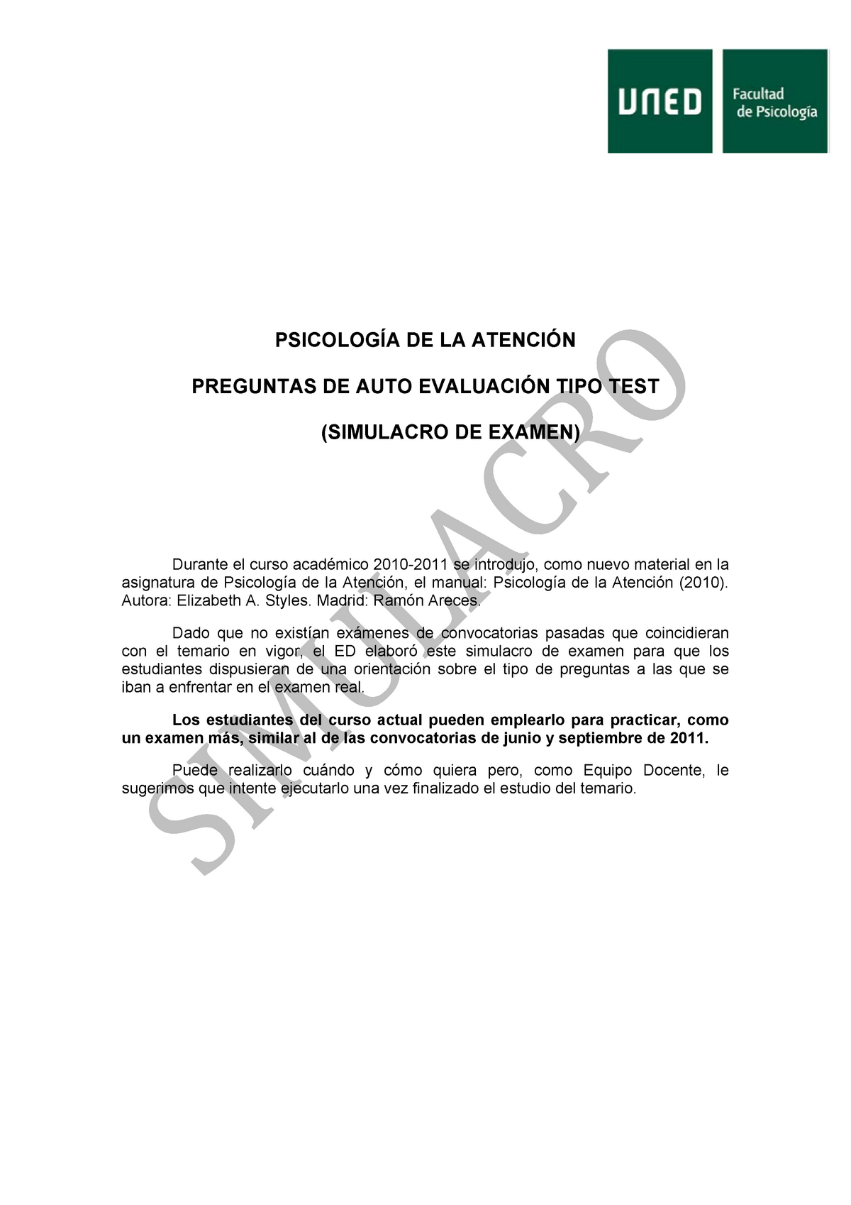 Autoevaluacion Atencion - PSICOLOGÍA DE LA ATENCIÓN PREGUNTAS DE AUTO ...