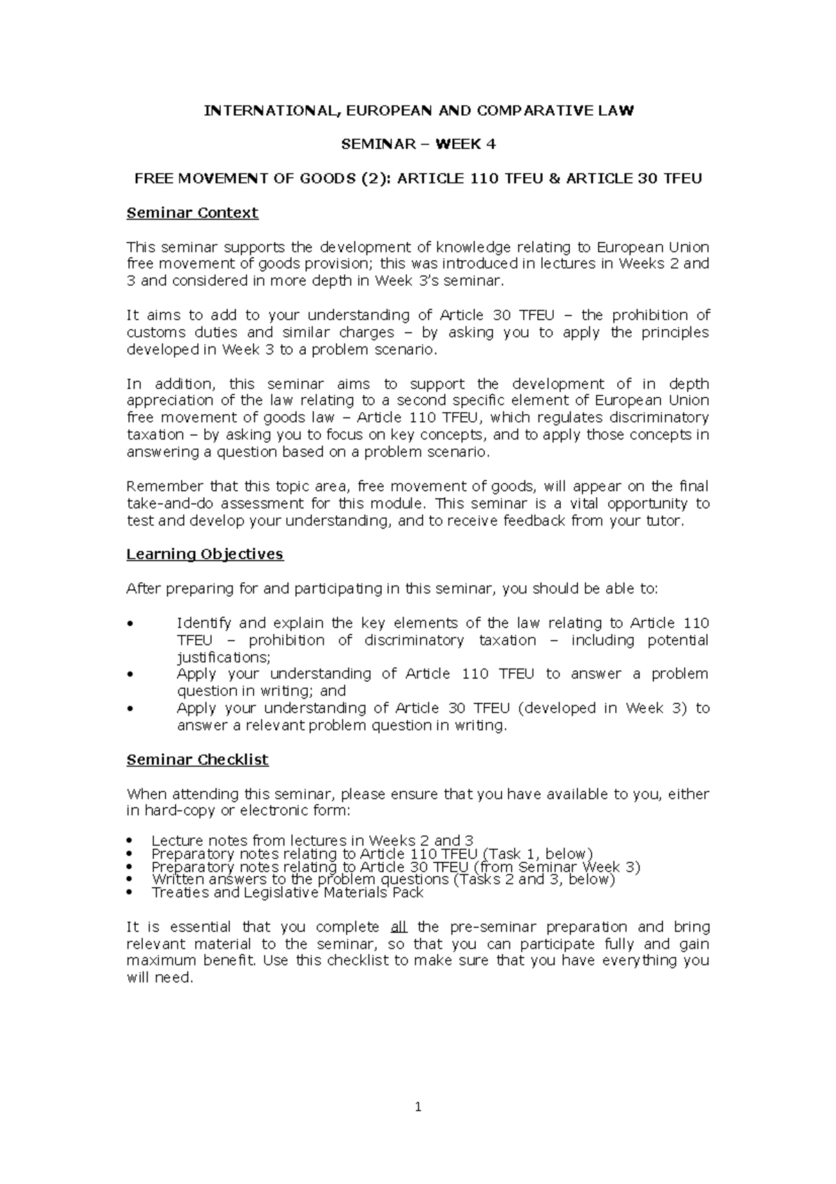 Seminar – 4 FREE Movement OF Goods (2)- Article 110 TFEU & Article 30 ...