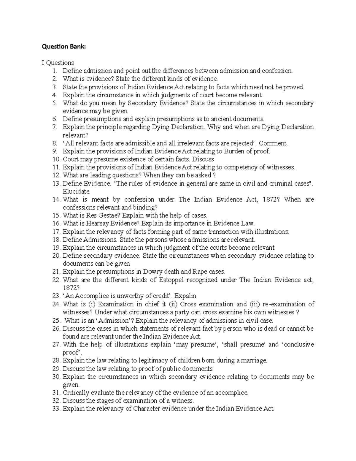 Evidence Question bank Question Bank I Questions 1. Define admission