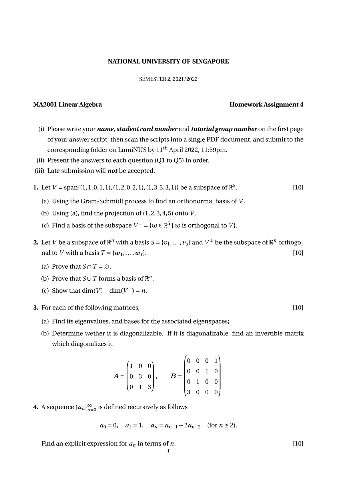 Linear Algebra I Homework 4 - NATIONAL UNIVERSITY OF SINGAPORE SEMESTER ...