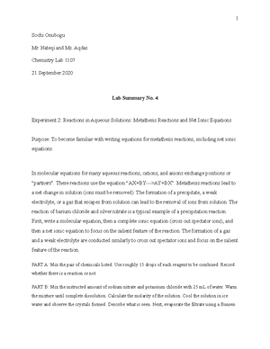 Lab Summary 3 - Chem 1107 - 1 Sochi Onubogu Mr. Nateqi And Ms. Aqdas 