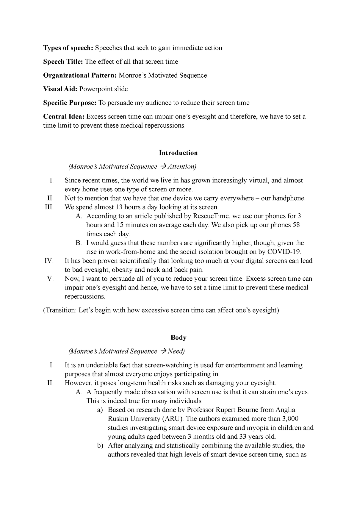 a method of organizing persuasive speeches that seek immediate action