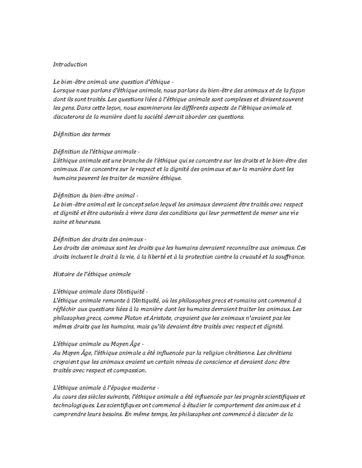 Animal Ethics note study Introduction Le bienêtre animal une