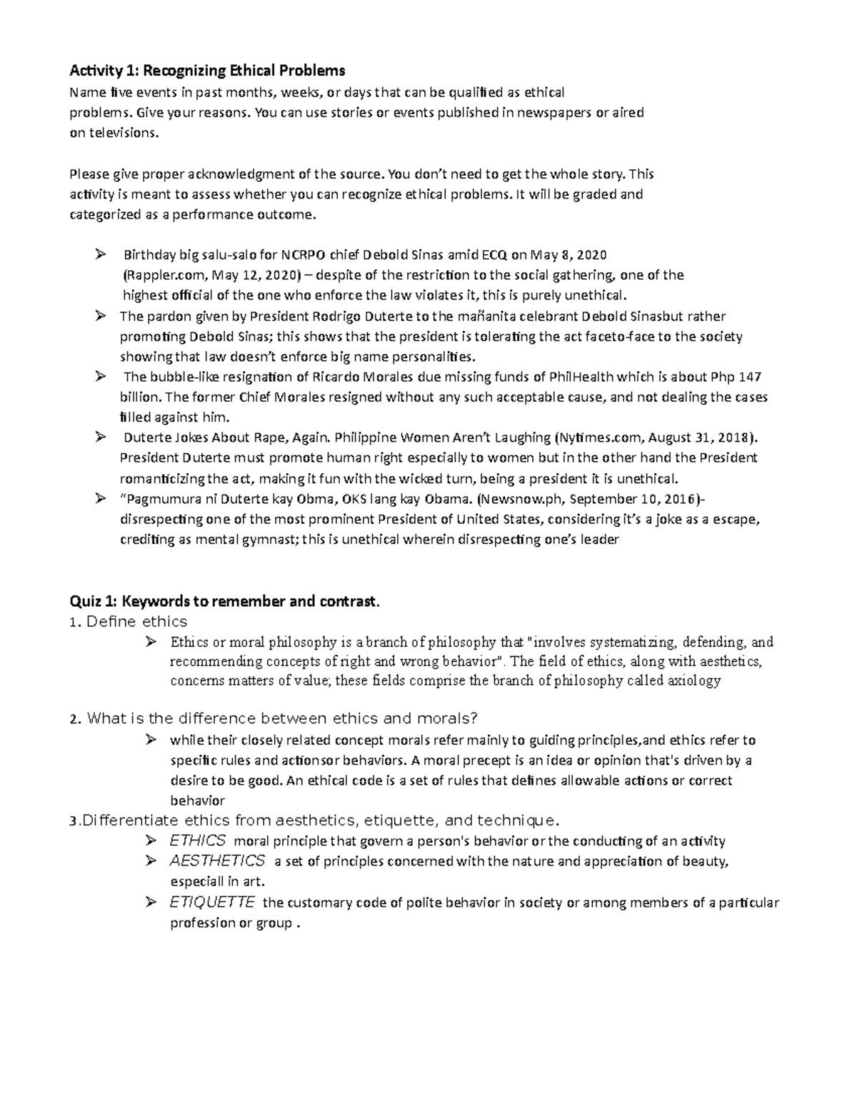 Bhe - Lecture notes 1 - Activity 1: Recognizing Ethical Problems Name ...