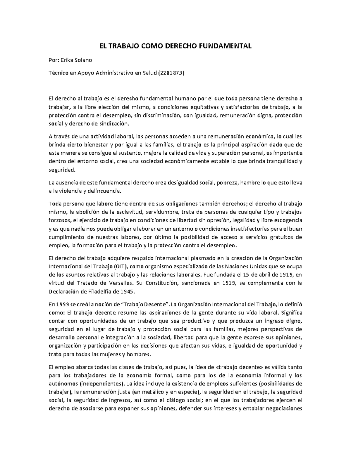 EL Trabajo COMO Derecho Universal Fundamental Estudio EL TRABAJO COMO