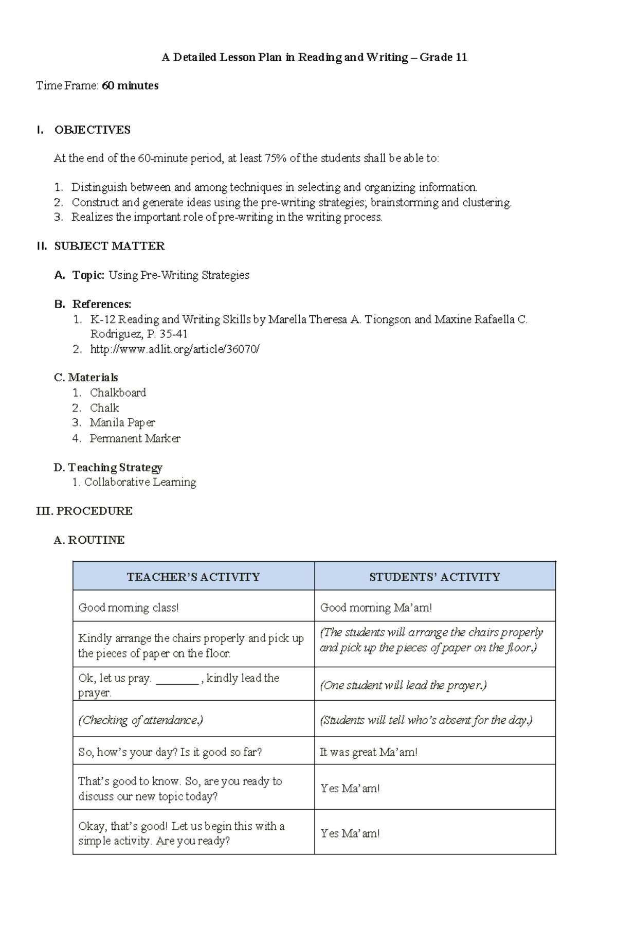 Using PreWriting Strategies A Detailed Lesson Plan in Reading and Writing Grade 11 Time