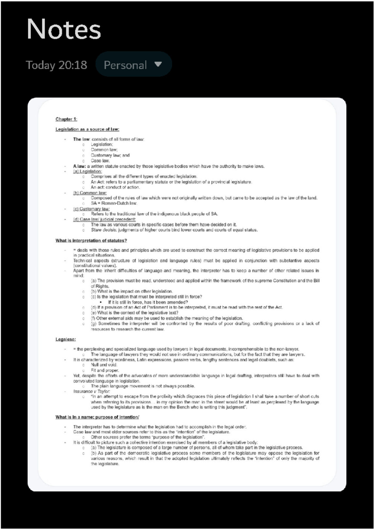 Notes - interpretation of statutes - e Today 20:18 Personal Chapter 1 ...