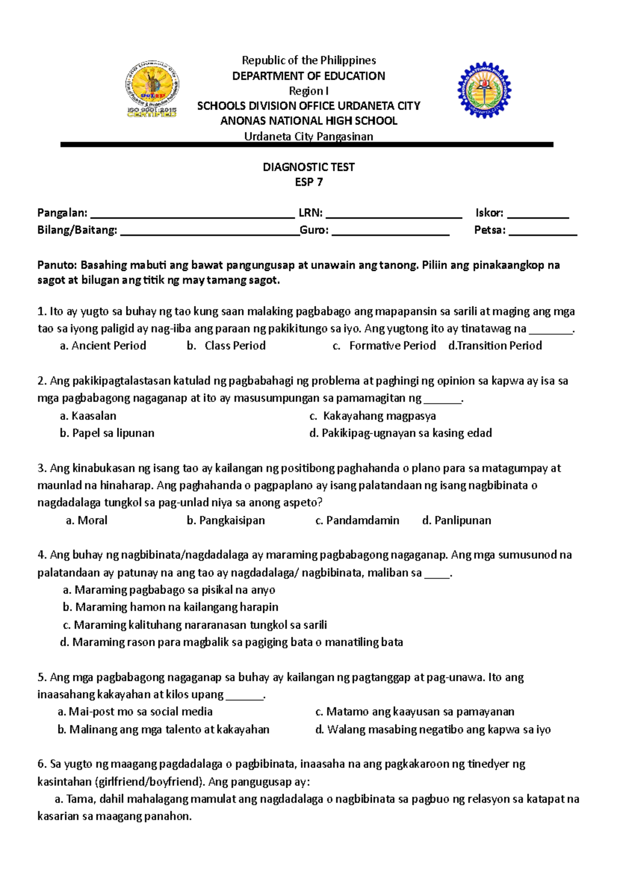 Esp7 Sample Quiz Republic Of The Philippines Department Of Education Region I Schools 9374