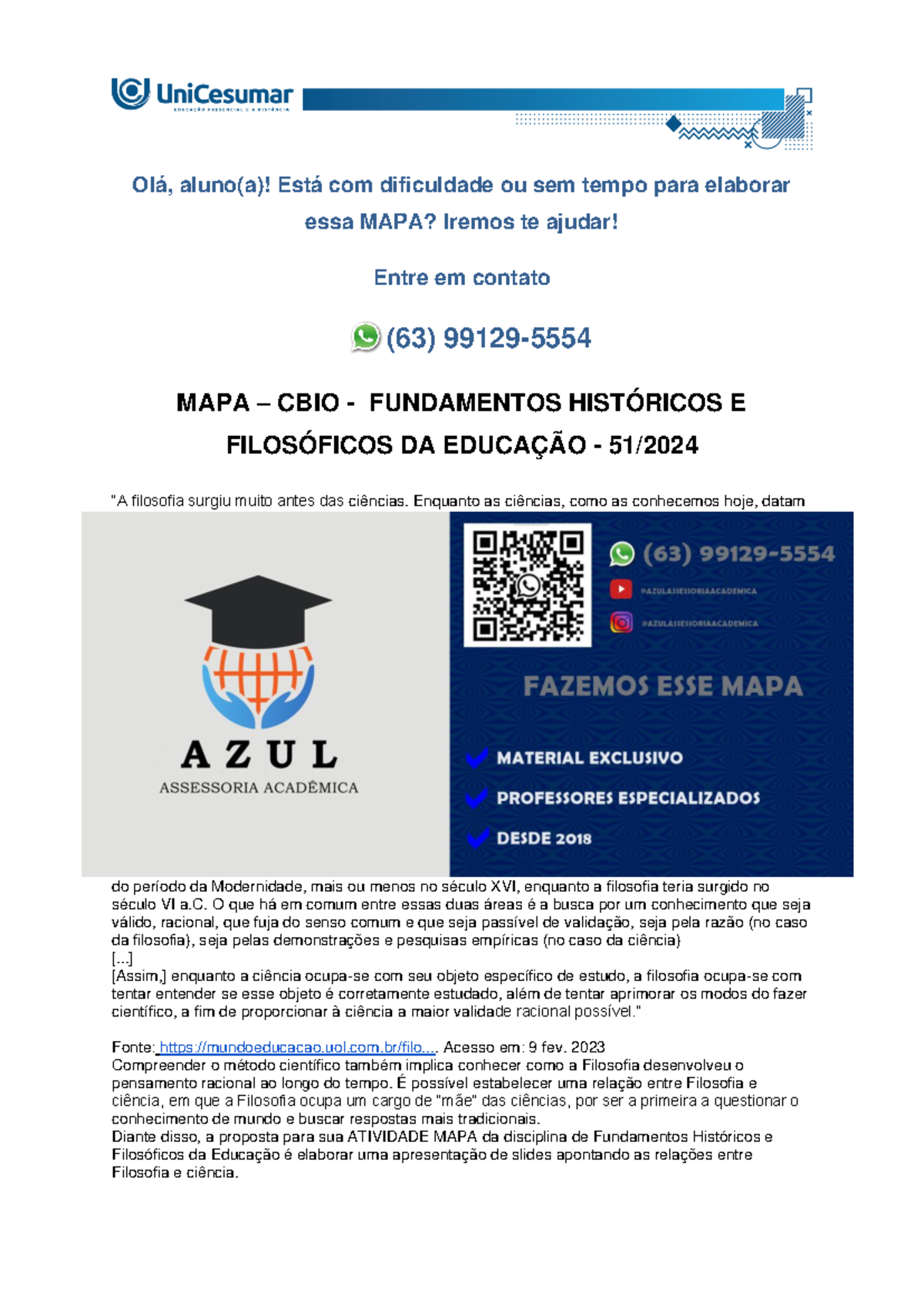 MAPA - CBIO - FUNDAMENTOS HISTÓRICOS E FILOSÓFICOS DA EDUCAÇÃO - 51/ ...