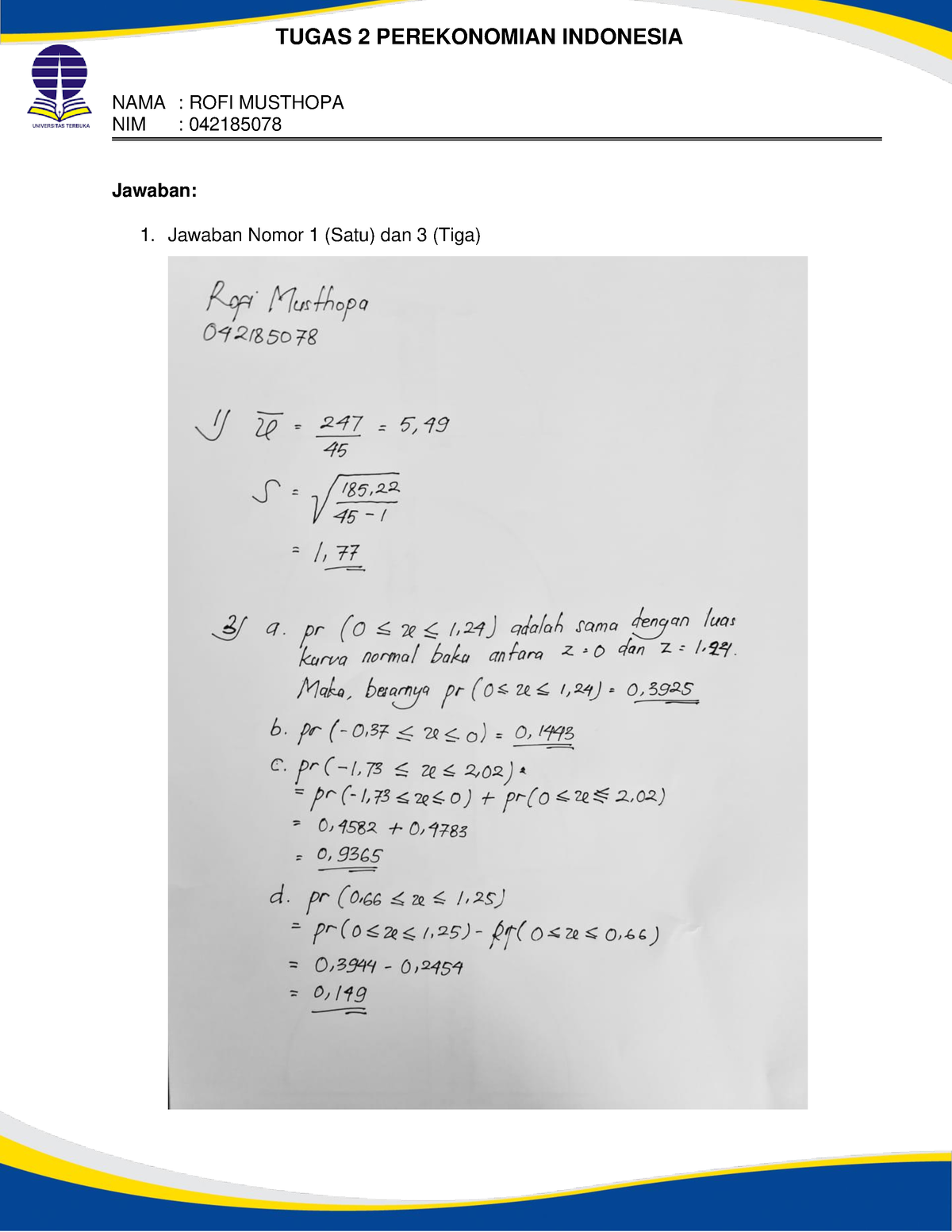 Jawaban Tugas 2 Statistika Ekonomi - Studocu