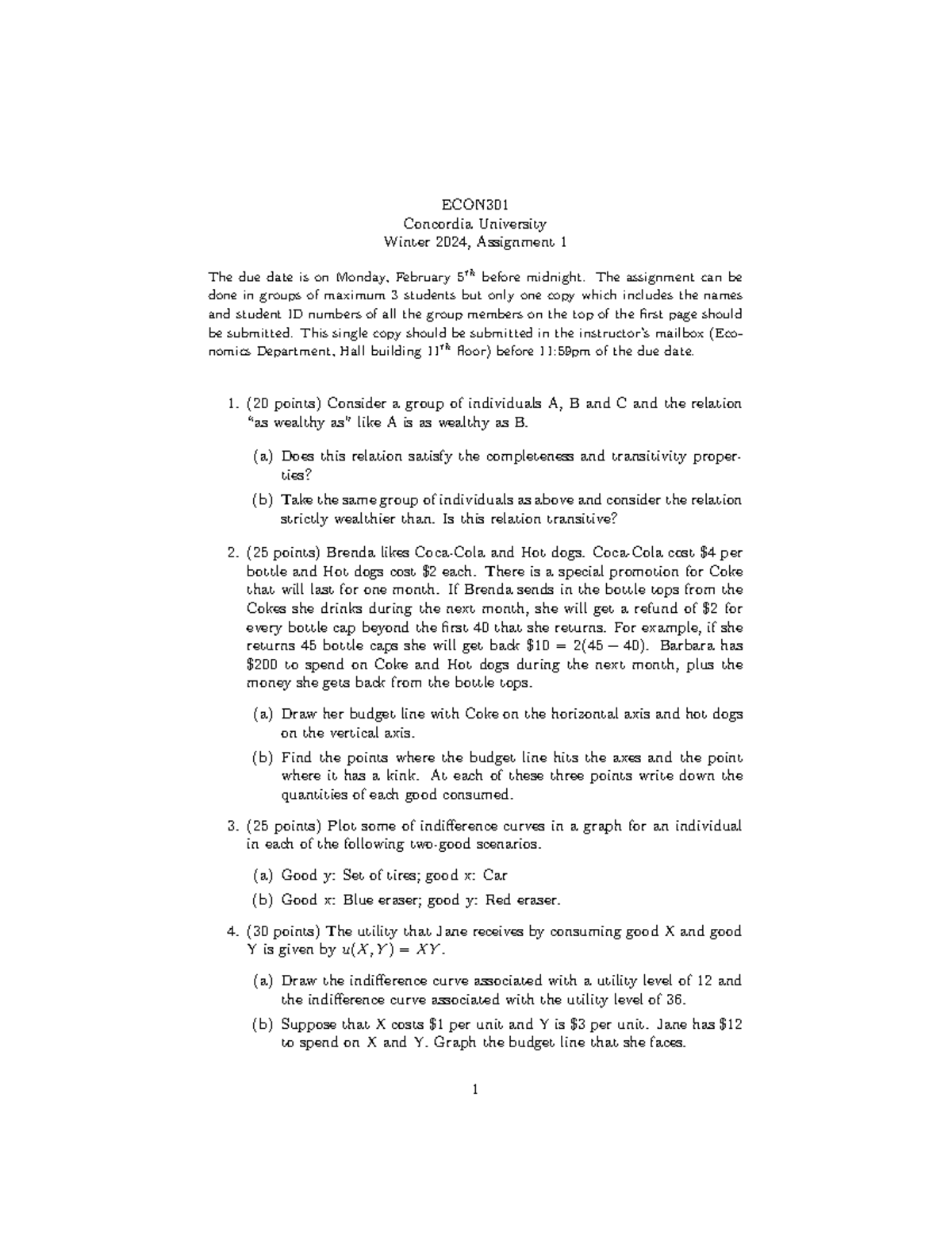 ECON301 Assignment 1 - ECON Concordia University Winter 2024 ...
