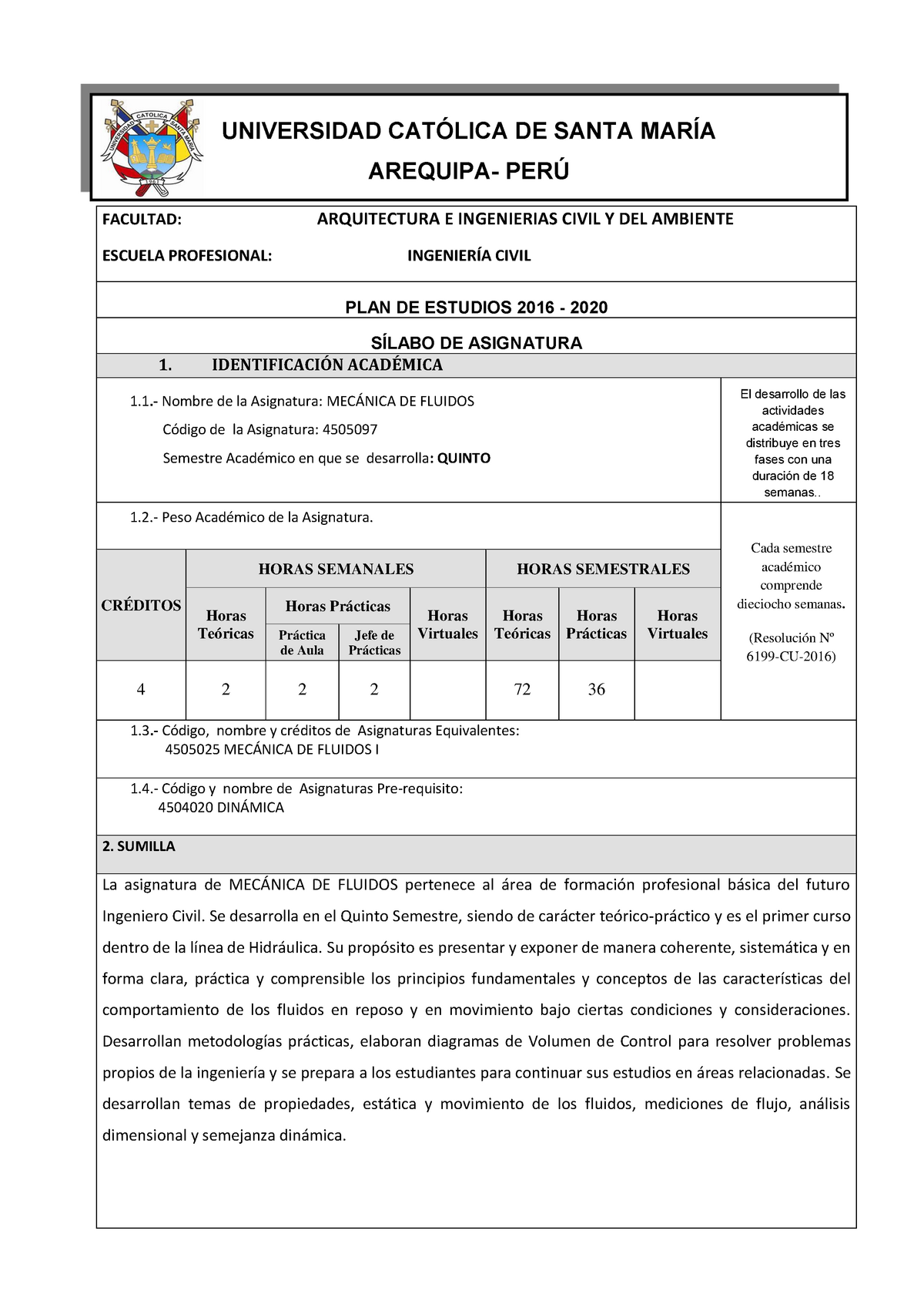 Silabo CDA Mecanica DE Fluidos 2020 V2 - FACULTAD: ARQUITECTURA E ...