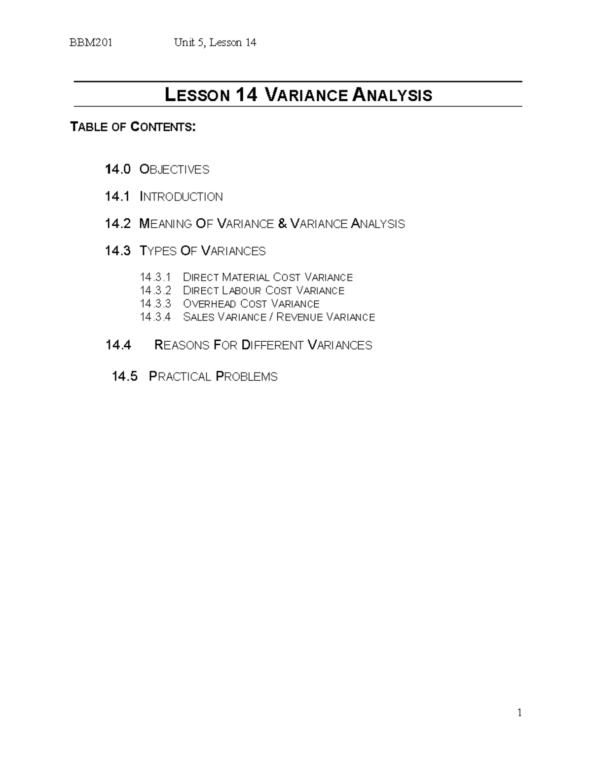 BBM201 L14NEW - LESSON 14 VARIANCE ANALYSIS - LESSON 14 VARIANCE ...