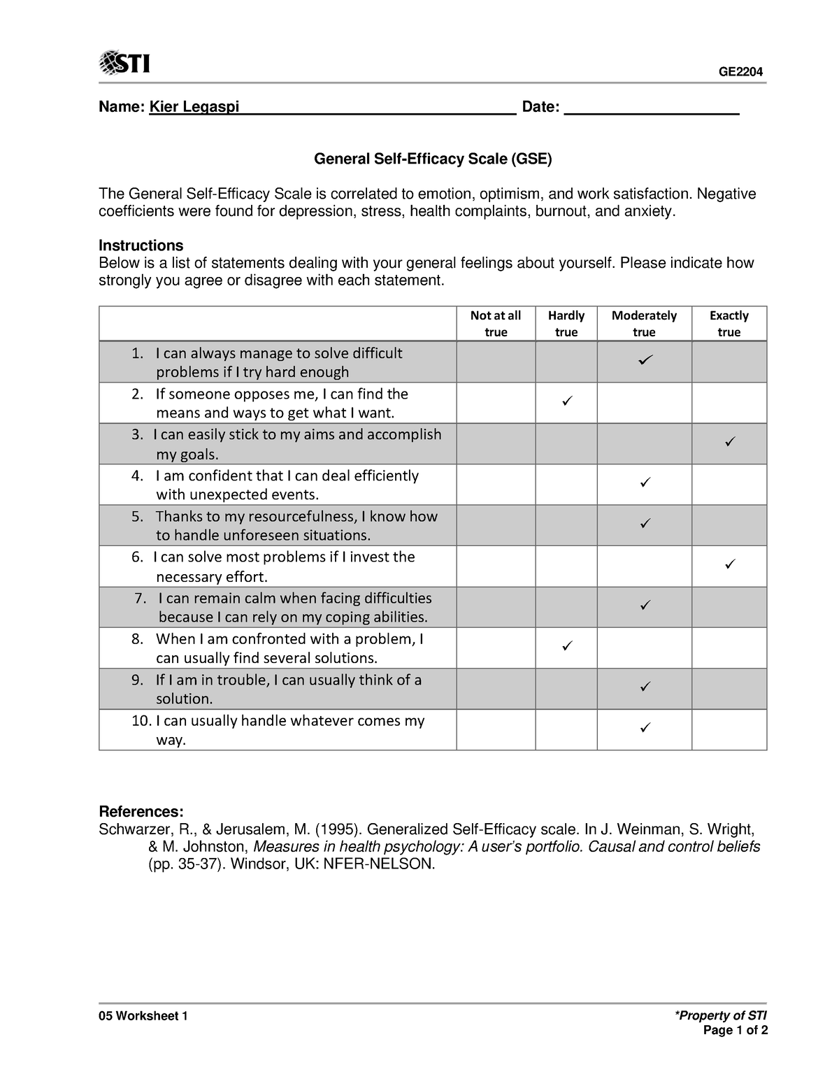 GS-E Scale - ......................... - GE 05 Worksheet 1 *Property of ...