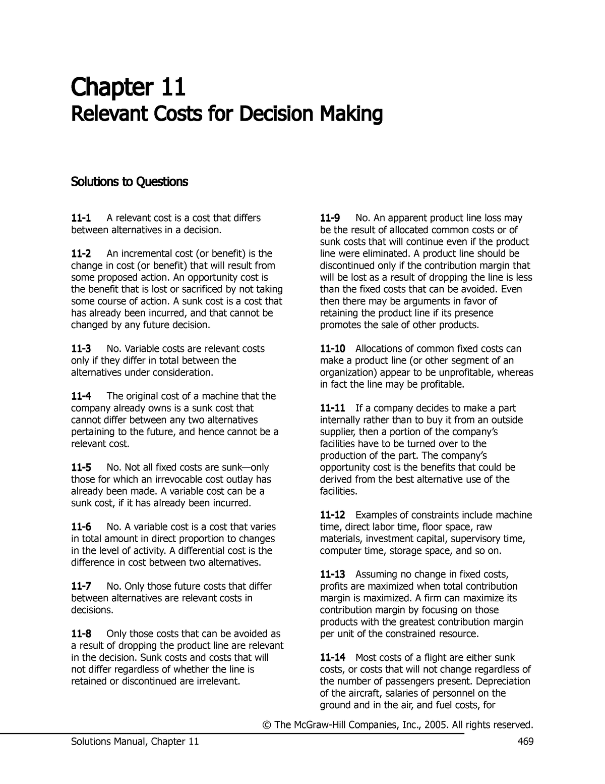 Chap011 - Notes - Chapter 11 Relevant Costs For Decision Making ...