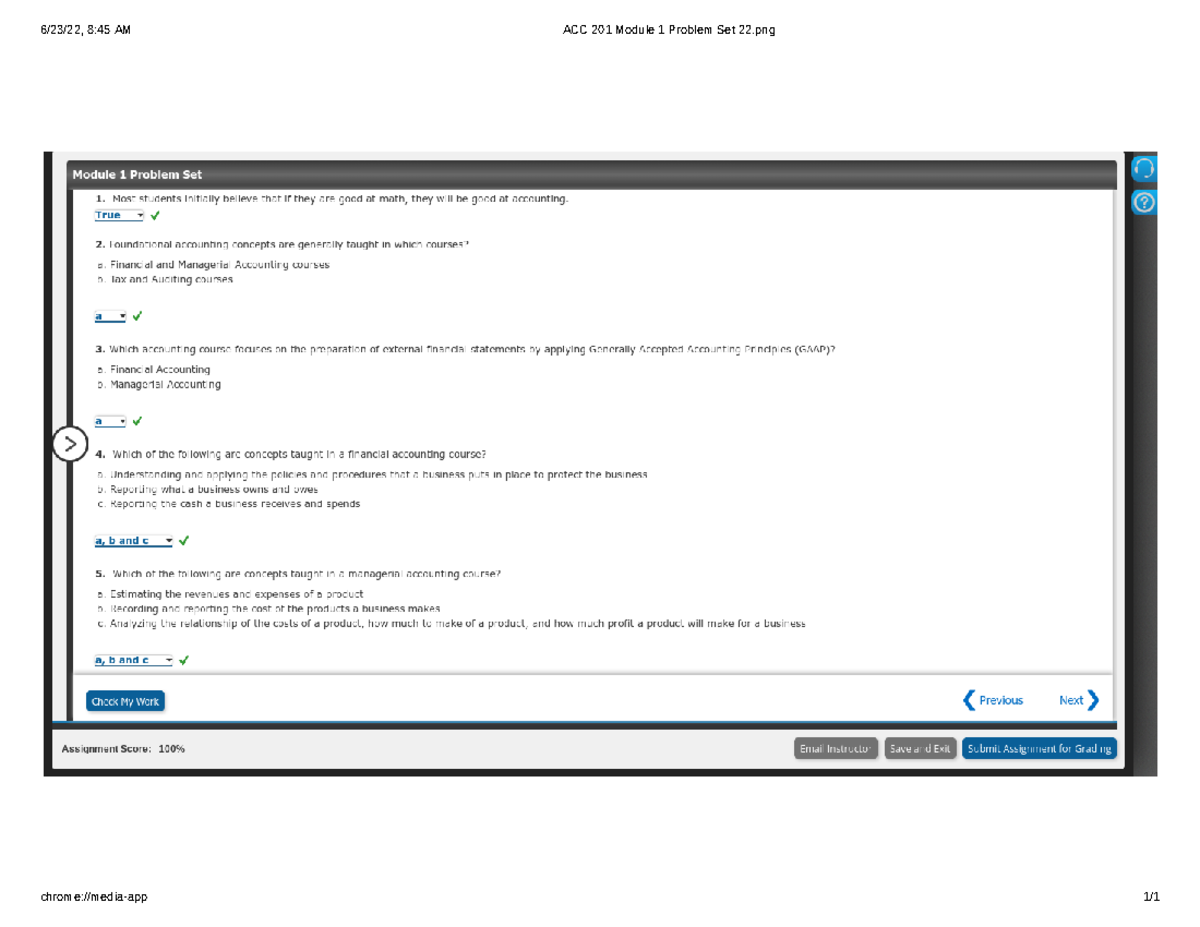 ACC 201 Module 1 Problem Set 22 - ACC 201 - 6/23/22, 8:45 AM ACC 201 ...