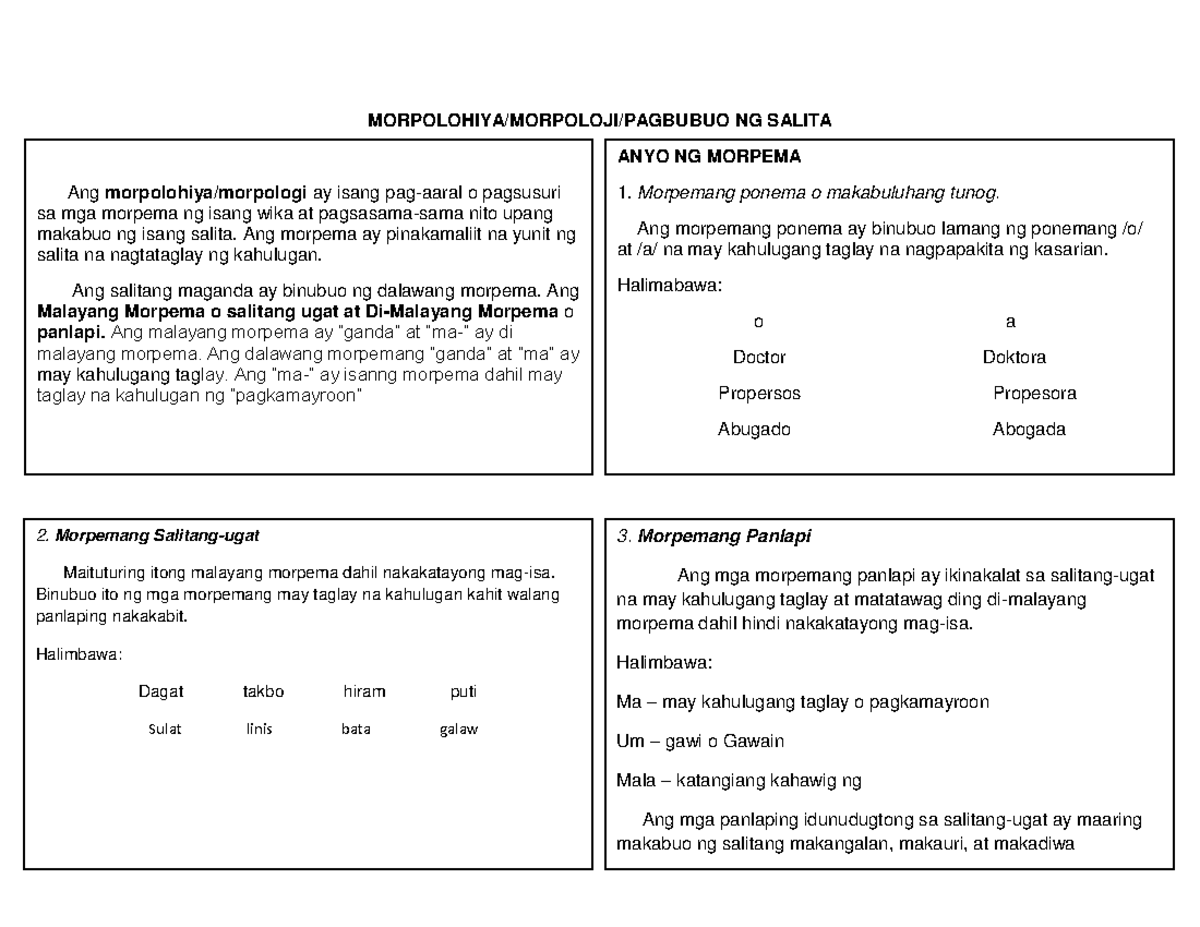 Pdfcoffee - Morpema uri at anyo - MORPOLOHIYA/MORPOLOJI/PAGBUBUO NG ...