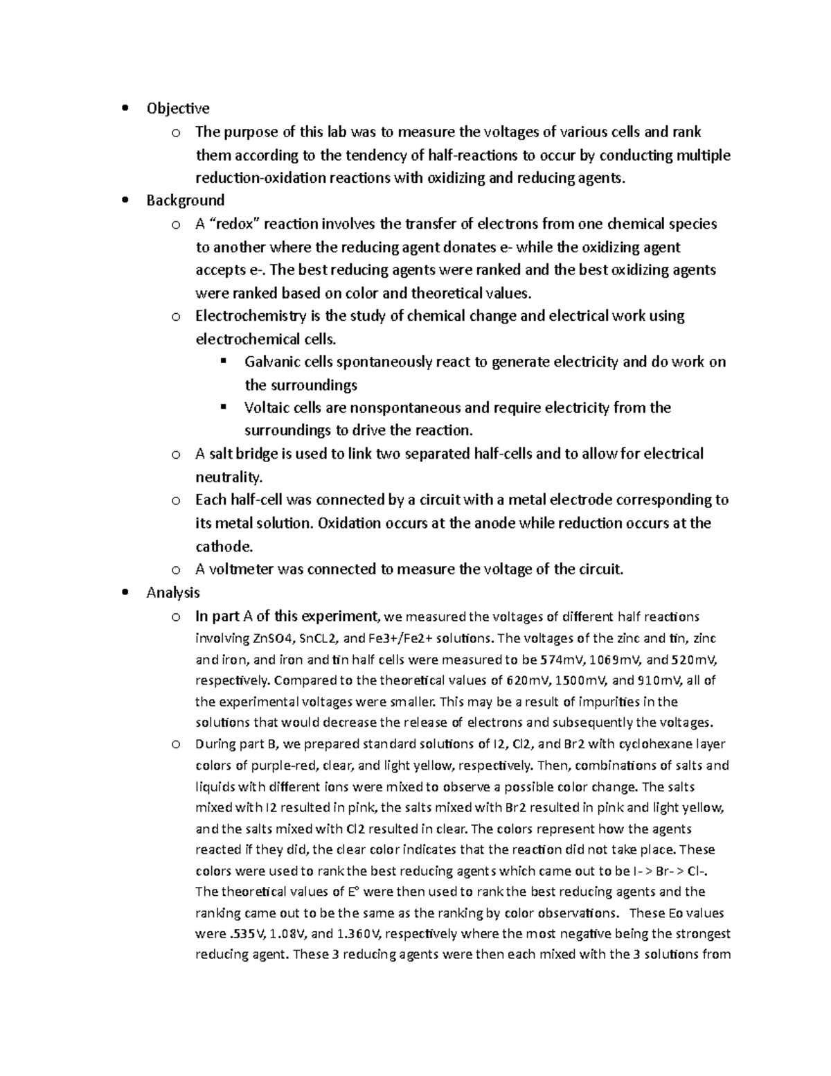 Experiment 9 Electrode Potentials - Objective o The purpose of this lab ...