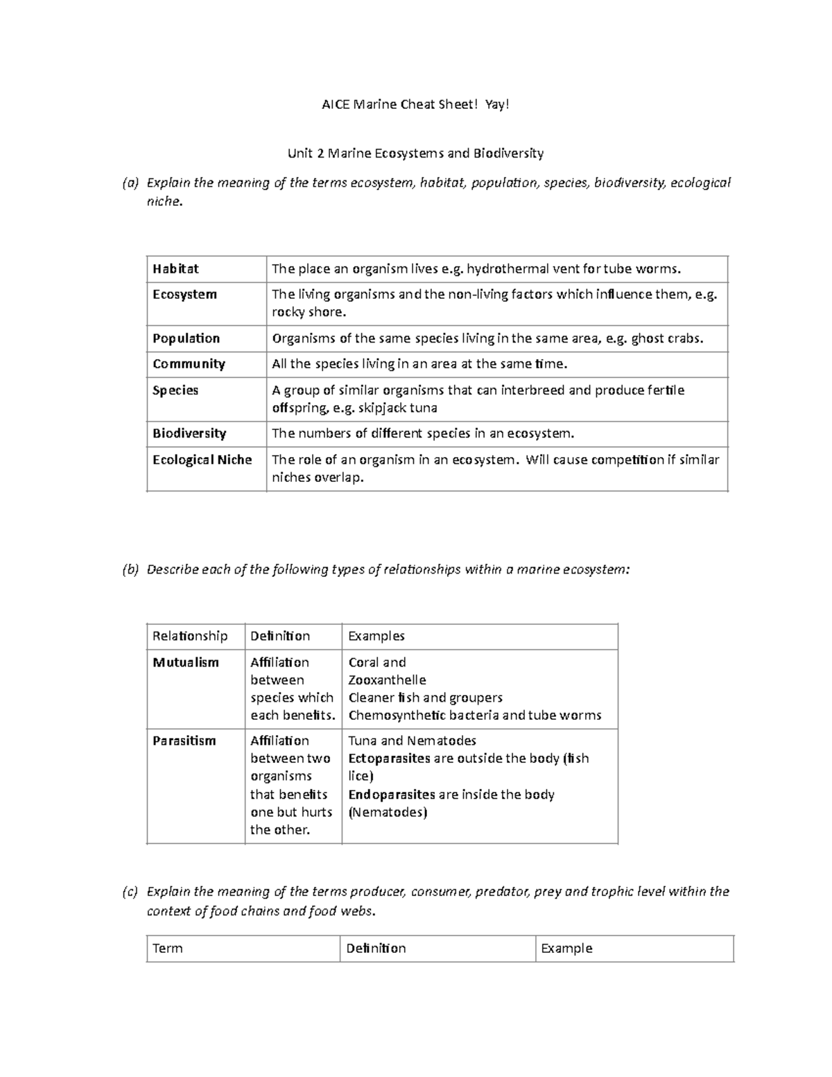 AICE Marine Cheat Sheet - (b) Describe each of the following types of ...