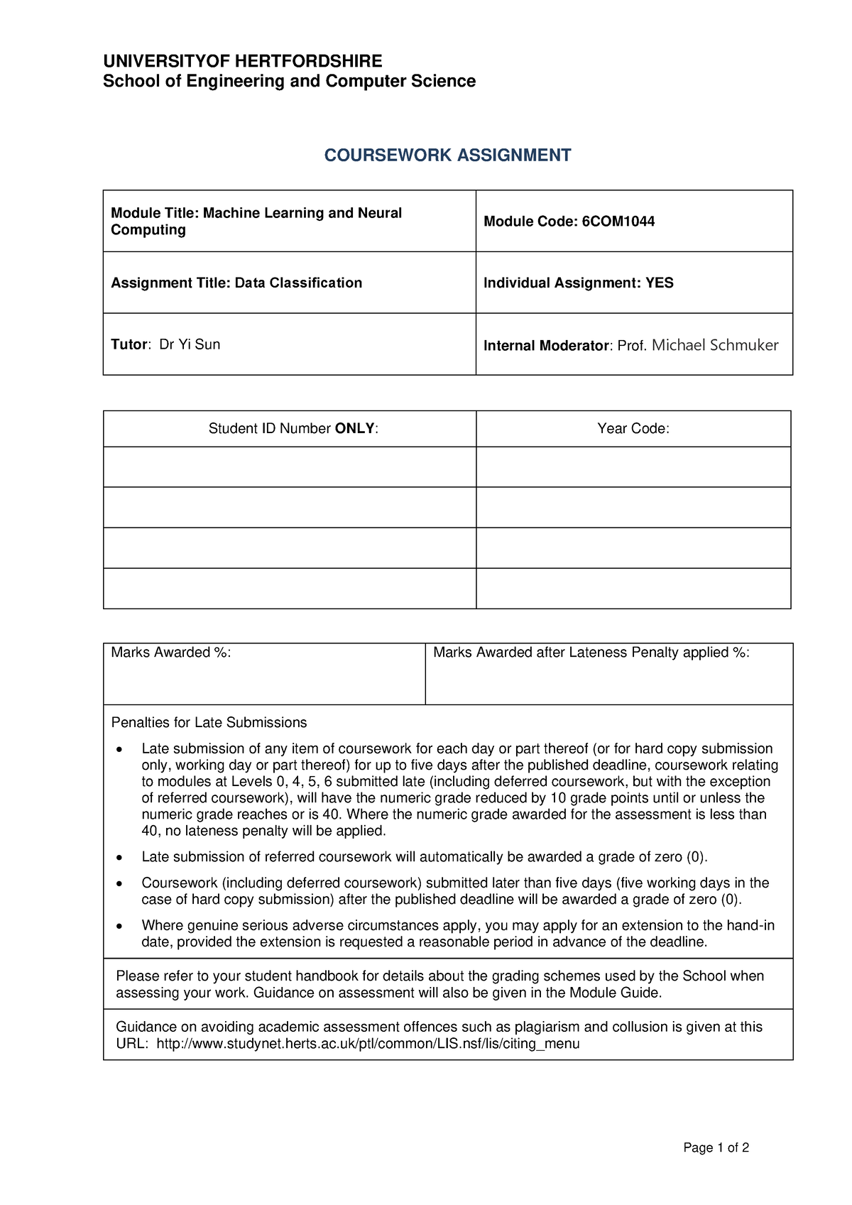 Coursework Assignment Briefing sheet - UNIVERSITYOF HERTFORDSHIRE ...