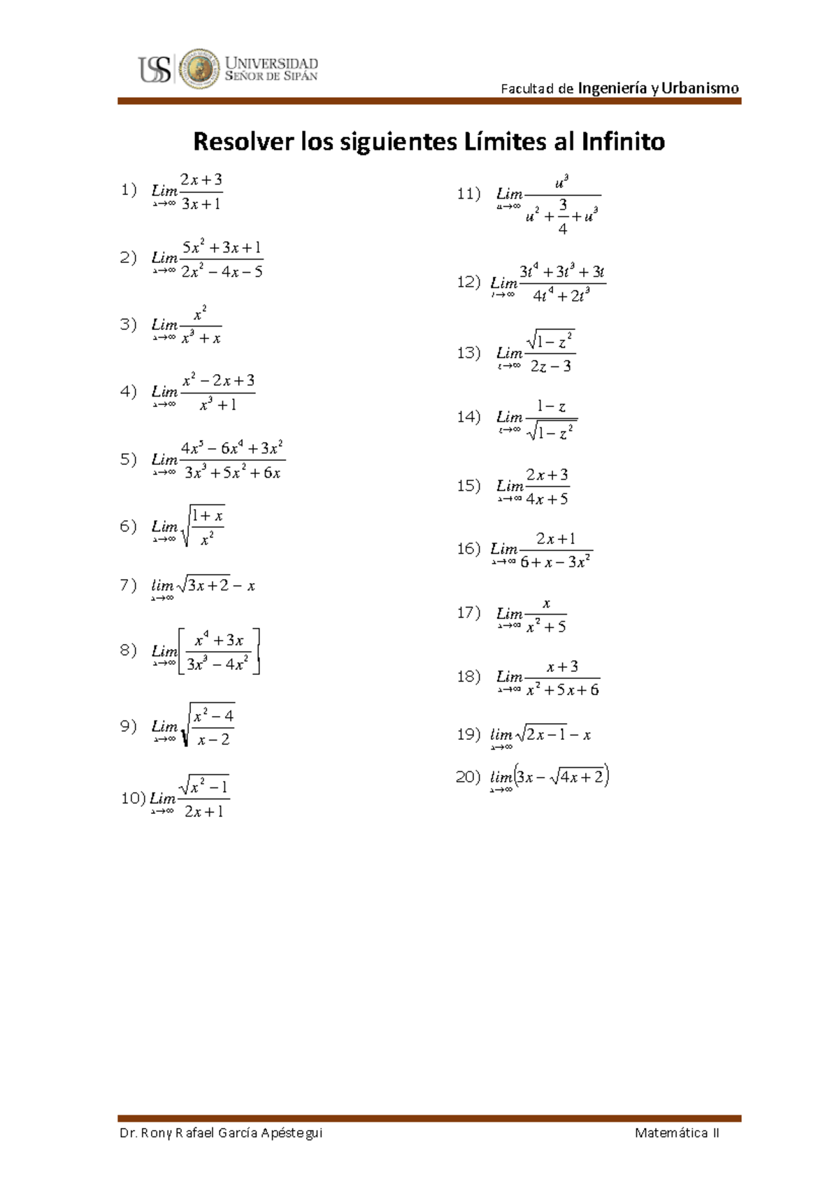 Limites Infinitos - AL Infinito - Ejercicios - Facultad de Ingeniería y ...