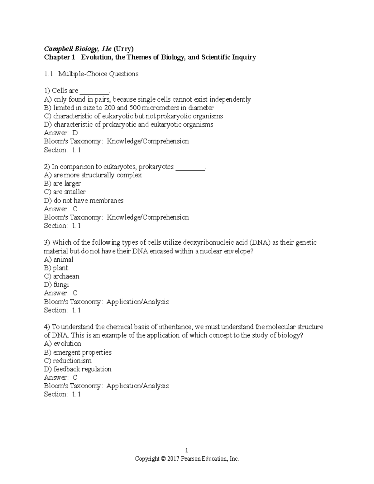 Chapter 1 - Test Prep - Campbell Biology, 11e (Urry) Chapter 1 ...