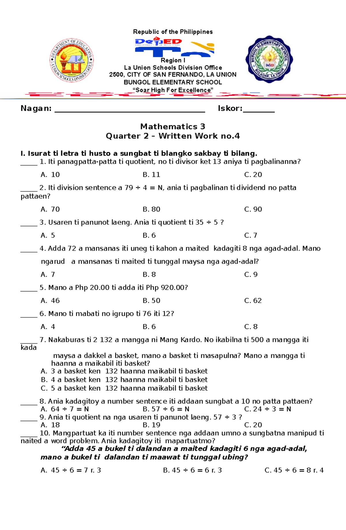 MATH Written Test 4 Q2 - bbb - Republic of the Philippines Region I La ...