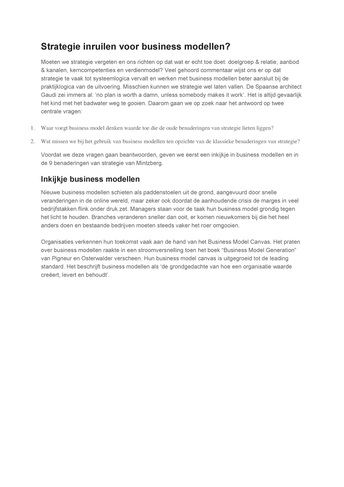 Samenvatting Verandermanagement: Strategie Vs Business Modellen ...