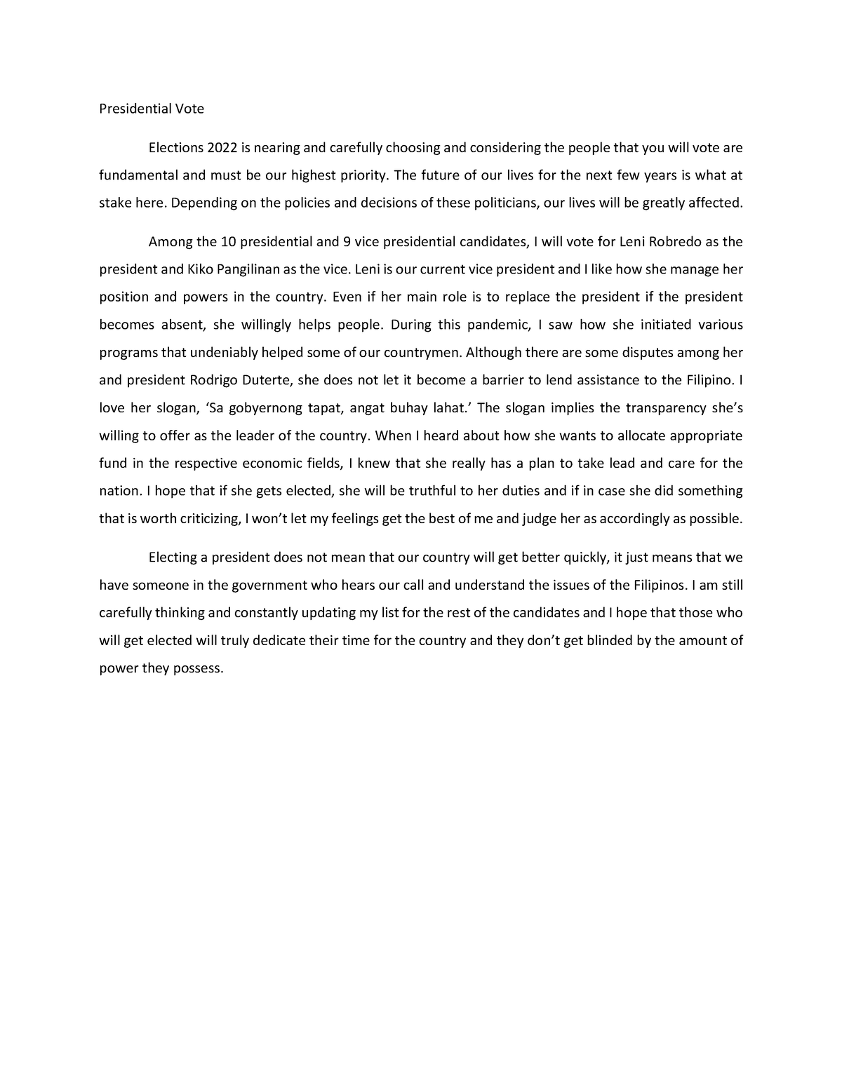 reflective essay about election 2022